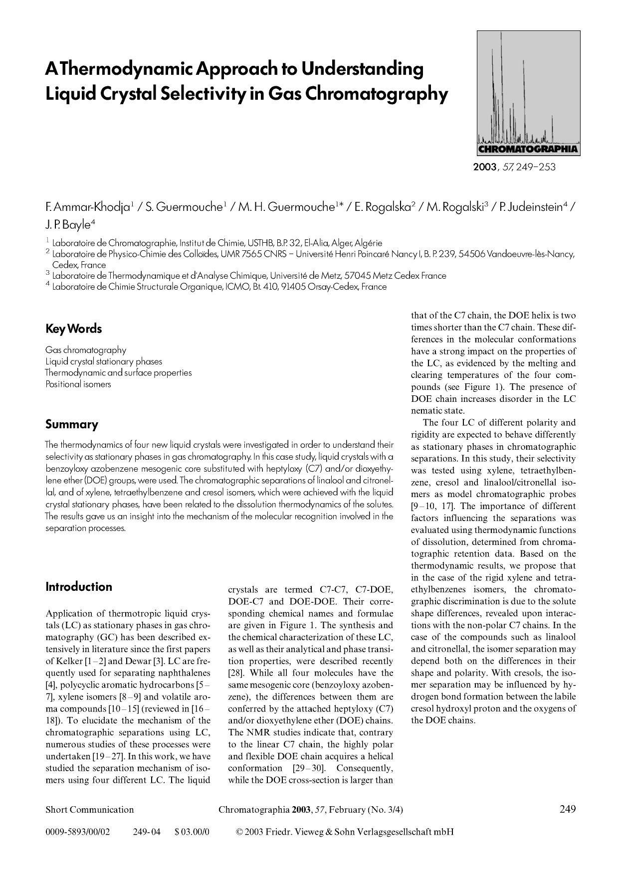 A thermodynamic approach to understanding liquid crystal selectivity in gas chromatography by Unknown