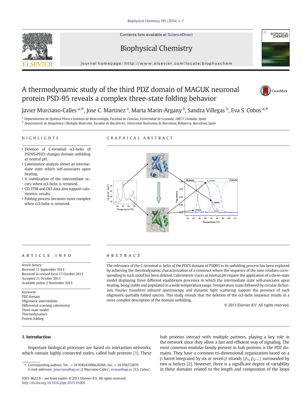 A thermodynamic study of the third PDZ domain of MAGUK neuronal protein PSD-95 reveals a complex three-state folding behavior by Javier Murciano-Calles & Jose C. Martinez & Marta Marin-Argany & Sandra Villegas & Eva S. Cobos