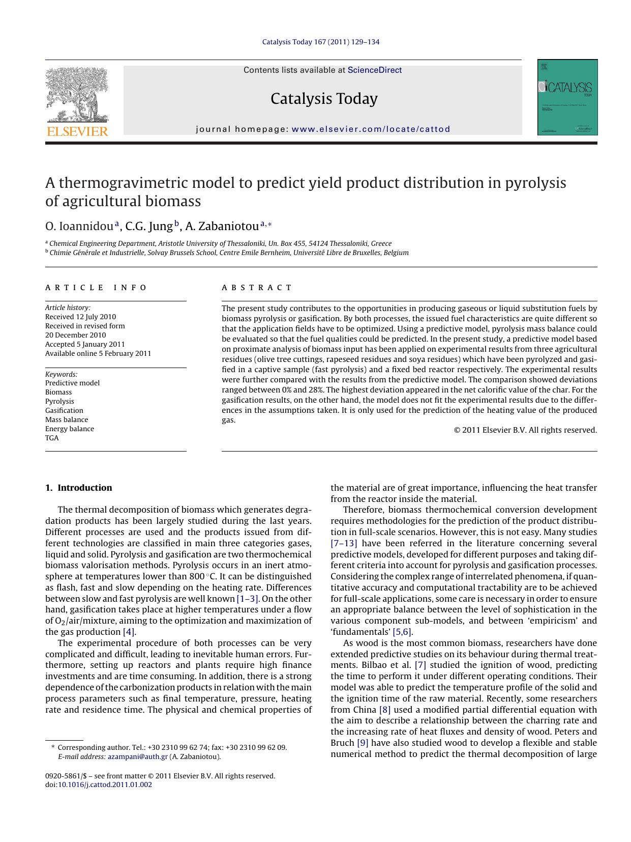 A thermogravimetric model to predict yield product distribution in pyrolysis of agricultural biomass by O. Ioannidou