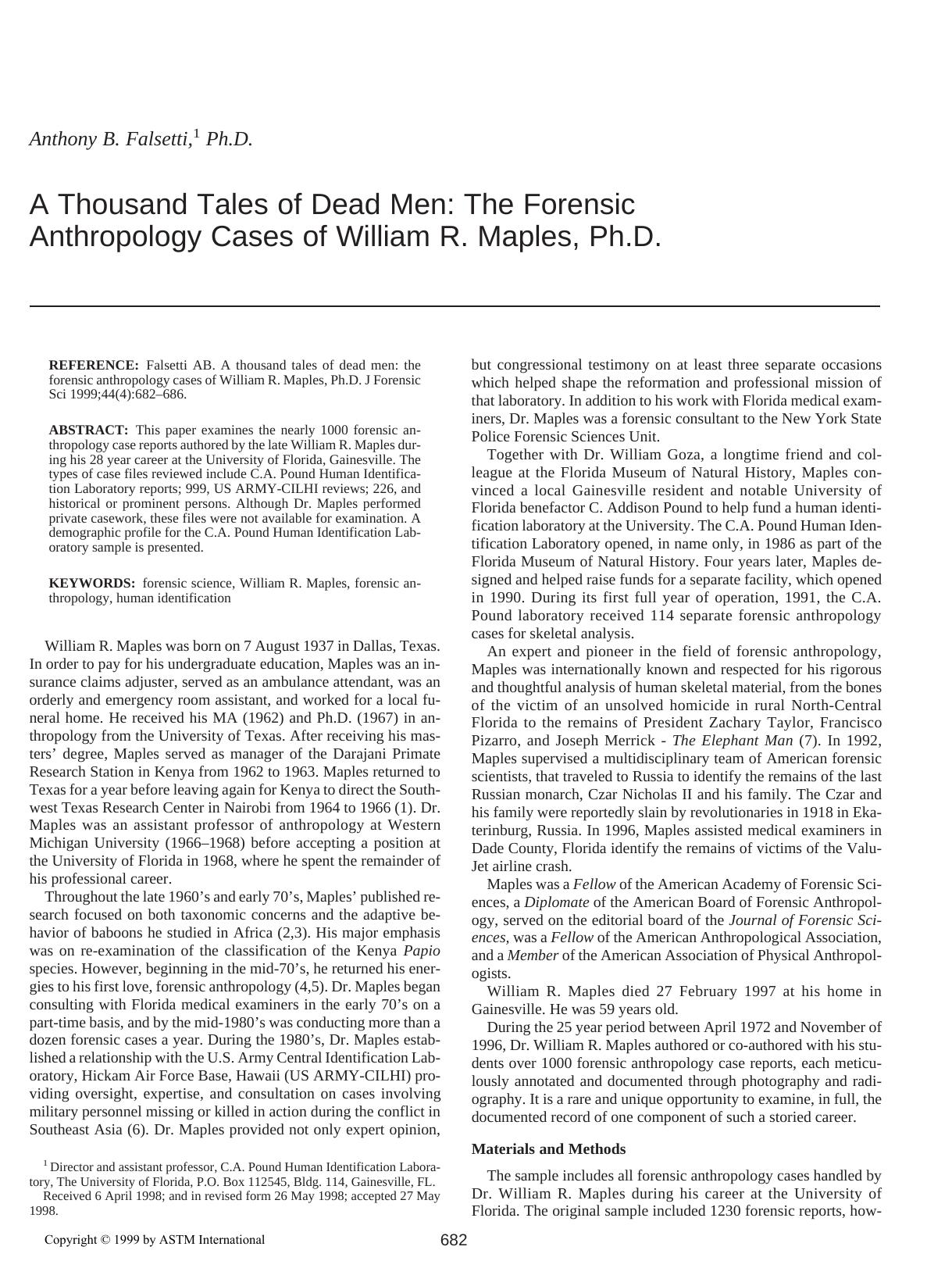 A thousand tales of dead men: The forensic anthropology cases of William R. Maples, Ph. D. by Falsetti AB