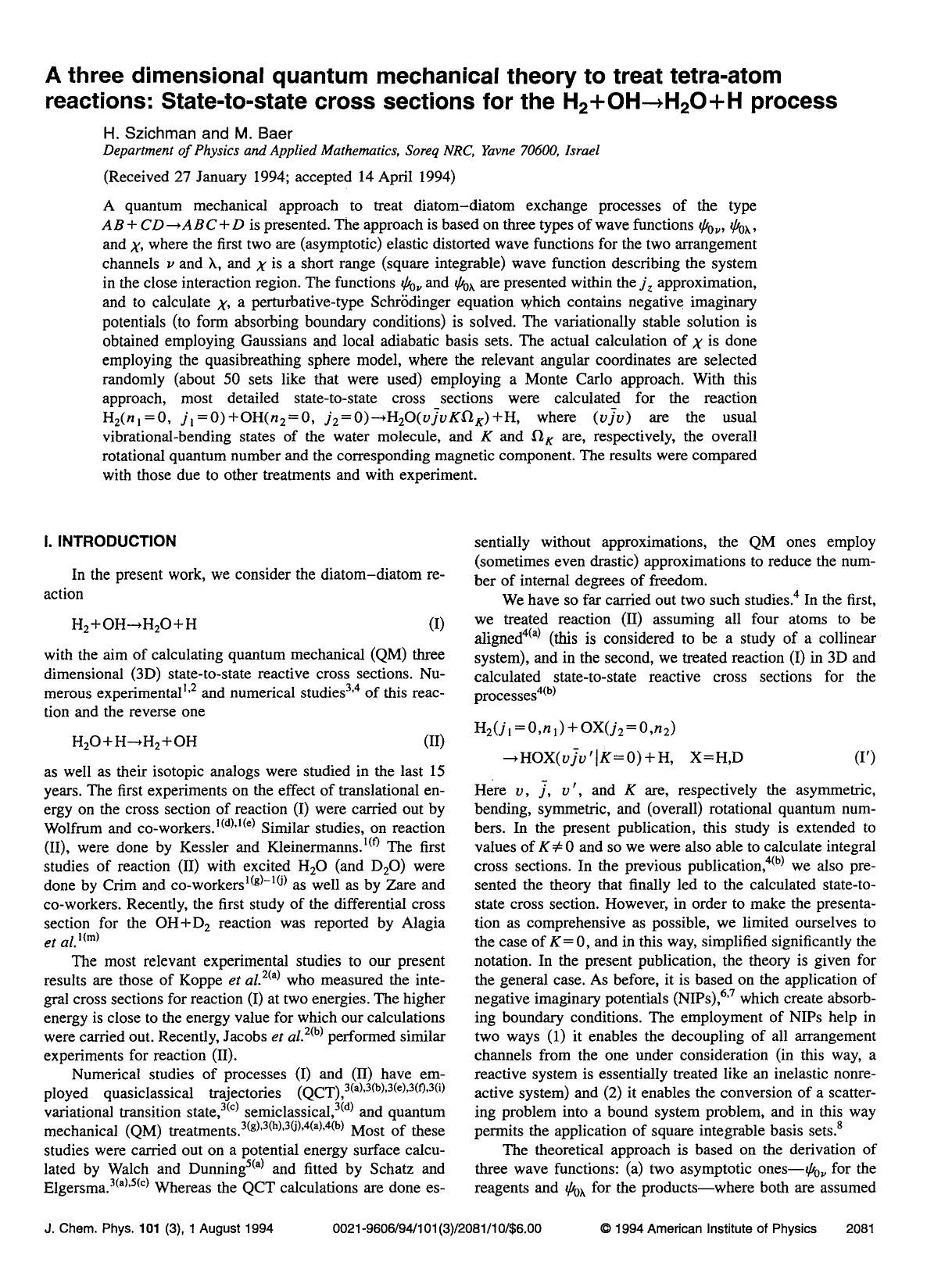 A three dimensional quantum mechanical theory to treat tetra-atom reactions: State-to-state cross sections for the H2+OH H2O+H process by H. Szichman; M. Baer