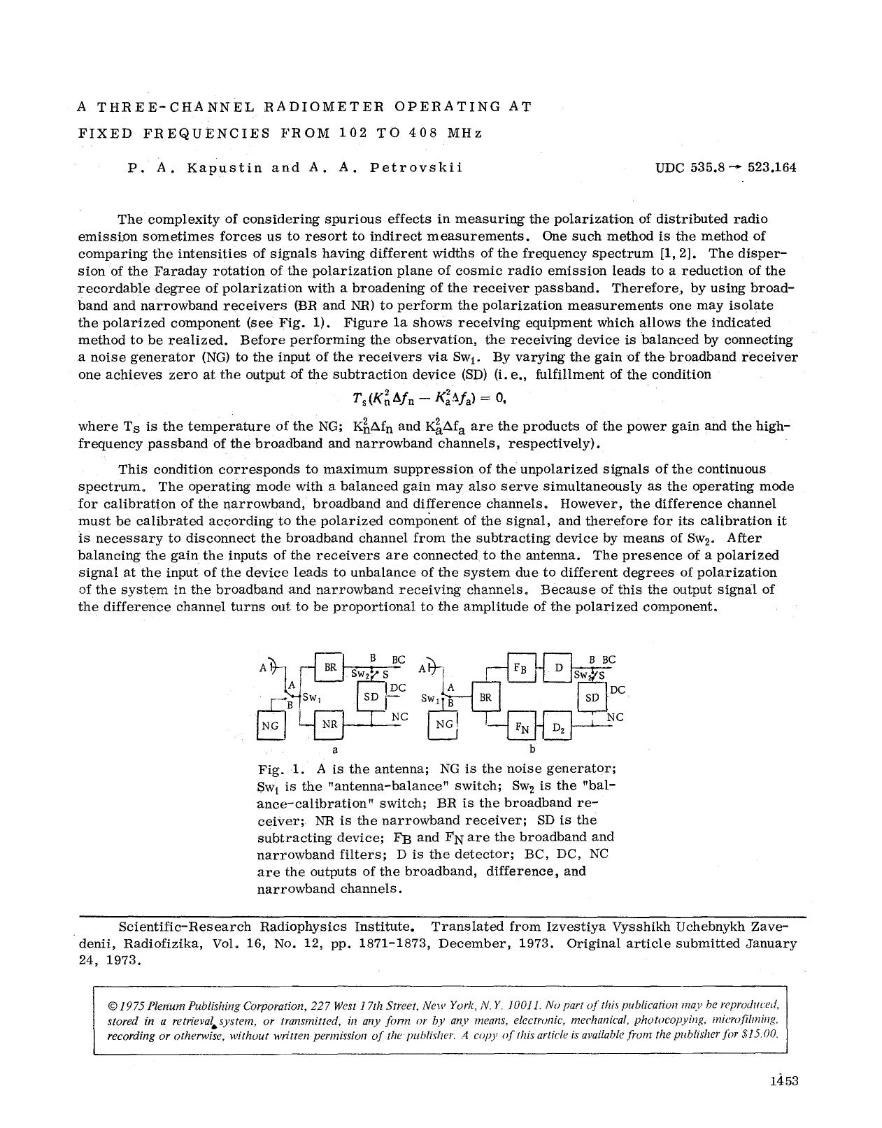A three-channel radiometer operating at fixed frequencies from 102 to 408 MHz by Unknown