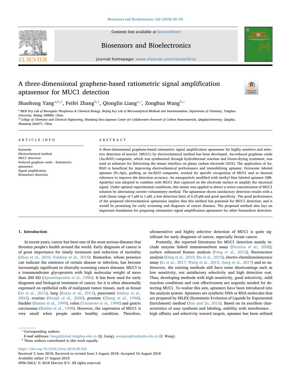 A three-dimensional graphene-based ratiometric signal amplification aptasensor for MUC1 detection by Shaohong Yang & Feifei Zhang & Qionglin Liang & Zonghua Wang