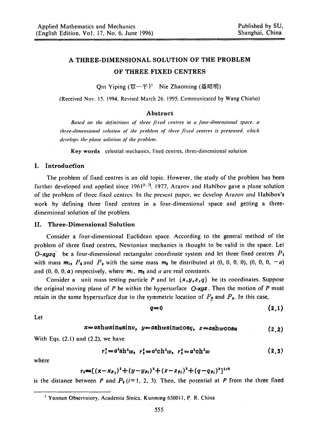 A three-dimensional solution of the problem of three fixed centres by Unknown