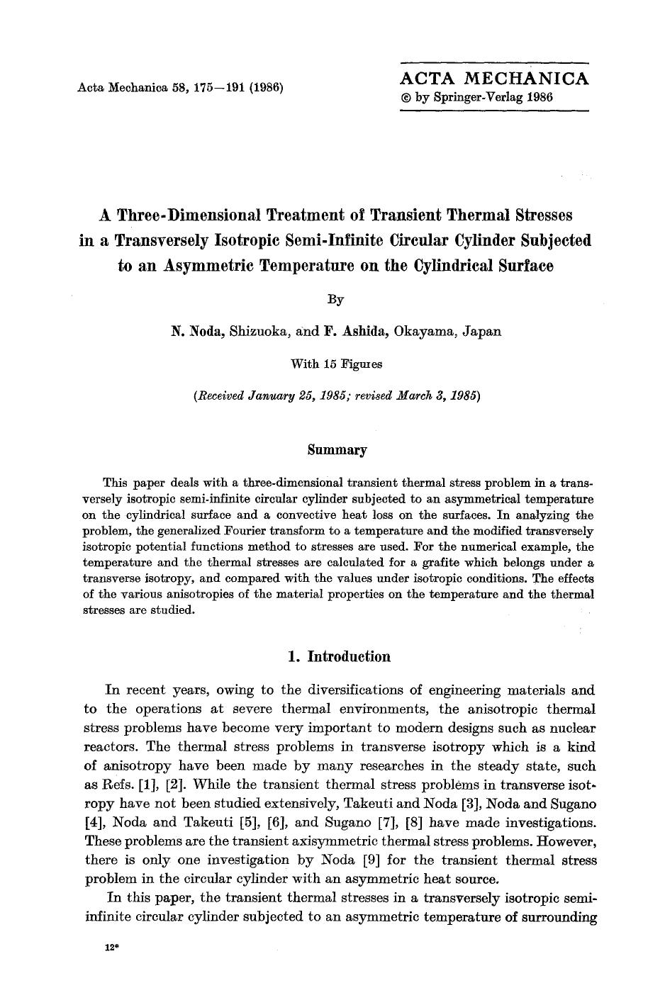 A three-dimensional treatment of transient thermal stresses in a transversely isotropic semi-infinite circular cylinder subjected to an asymmetric temperature on the cylindrical surface by Unknown