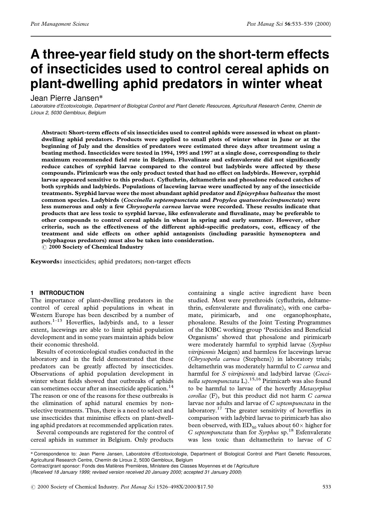 A three-year field study on the short-term effects of insecticides used to control cereal aphids on plant-dwelling aphid predators in winter wheat by Unknown