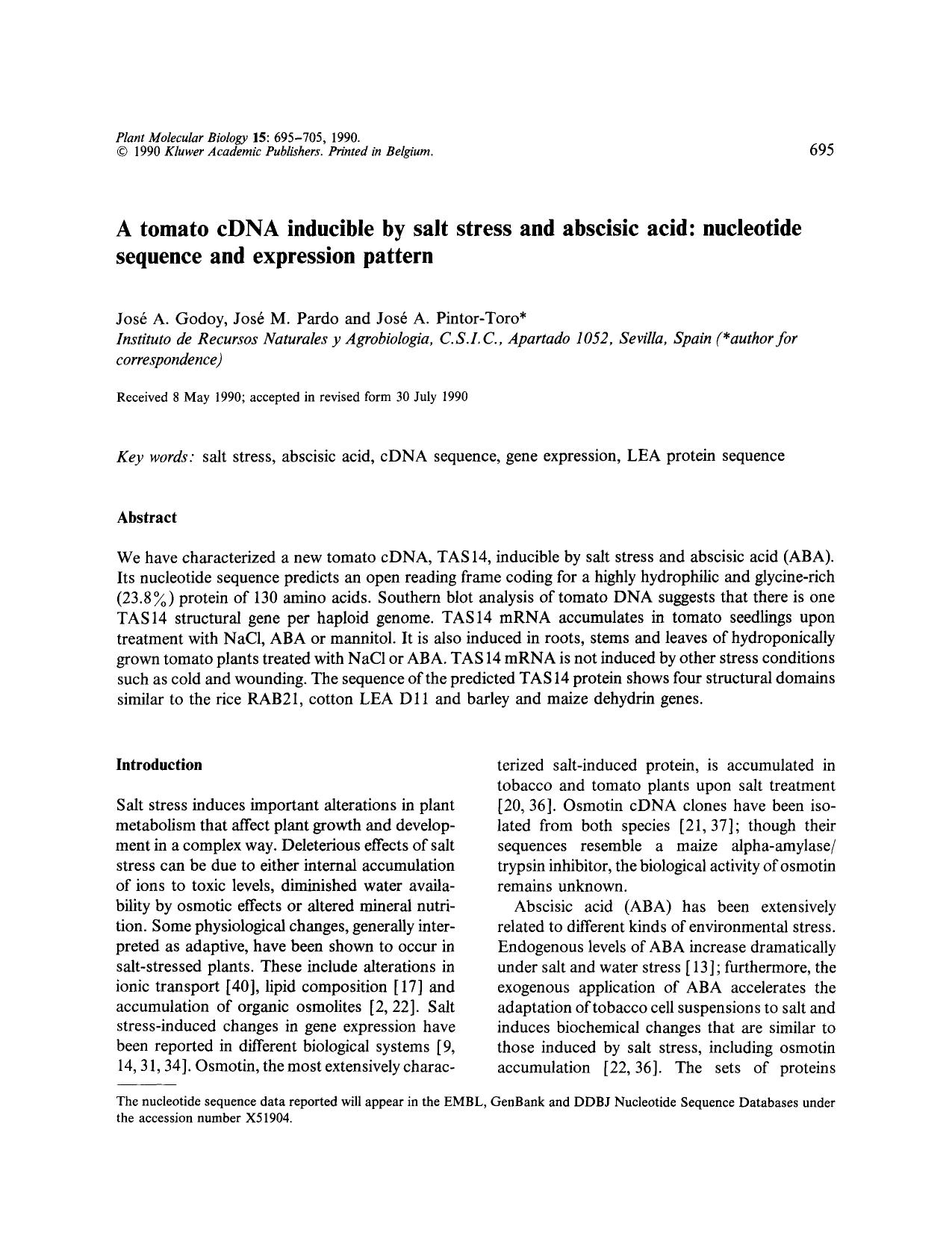 A tomato cDNA inducible by salt stress and abscisic acid: nucleotide sequence and expression pattern by Unknown