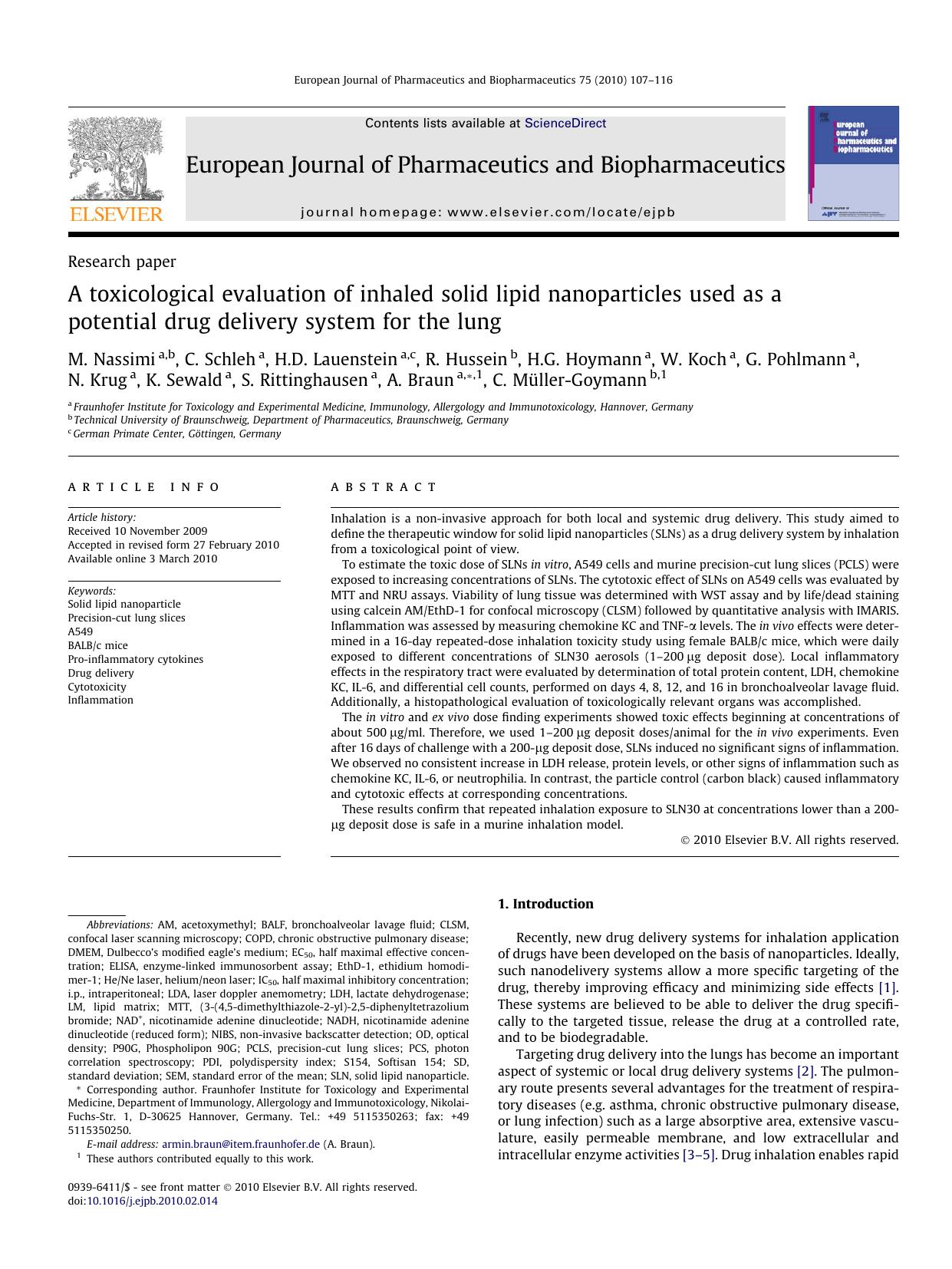 A toxicological evaluation of inhaled solid lipid nanoparticles used as a potential drug delivery system for the lung by unknow