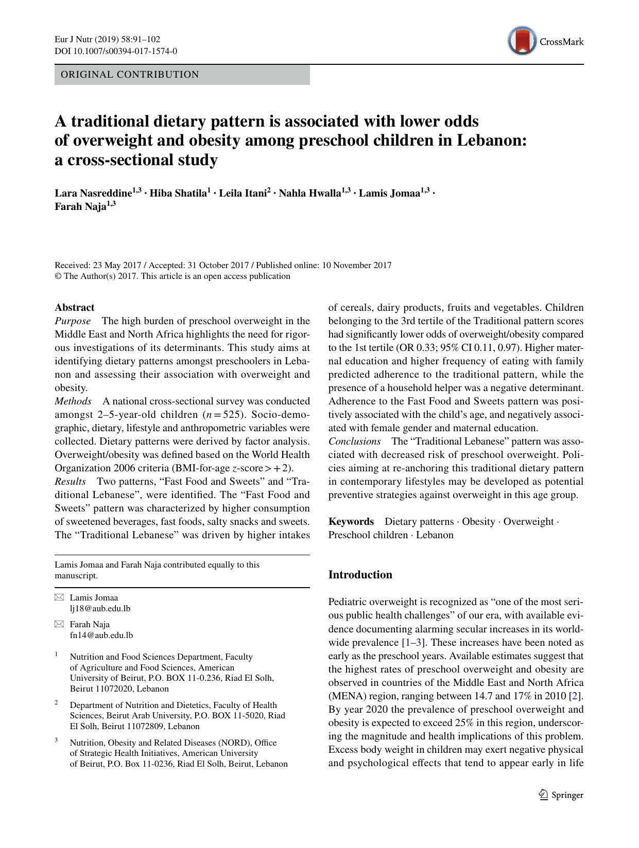 A traditional dietary pattern is associated with lower odds of overweight and obesity among preschool children in Lebanon: a cross-sectional study by Lara Nasreddine