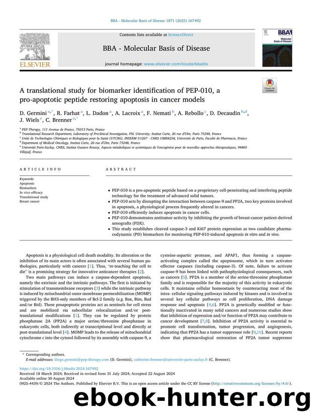 A translational study for biomarker identification of PEP-010, a pro-apoptotic peptide restoring apoptosis in cancer models by unknow