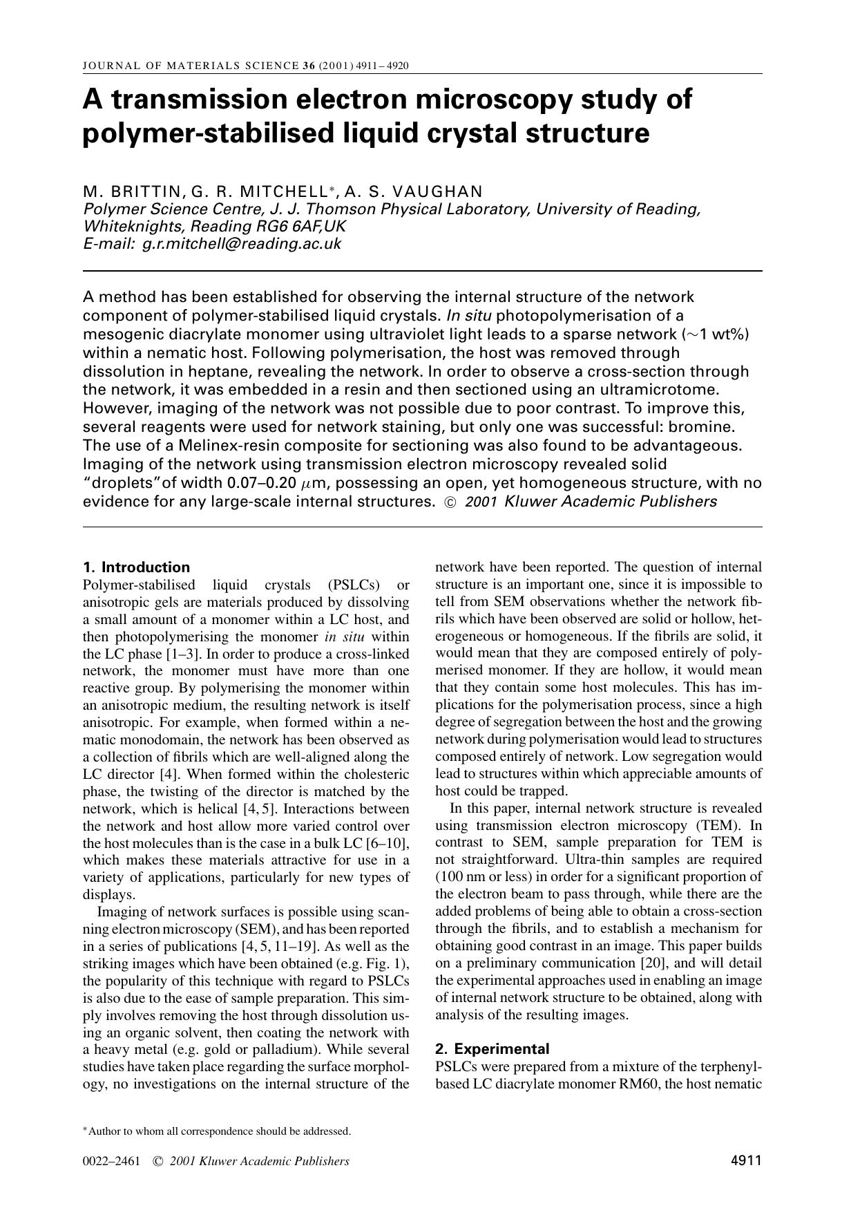 A transmission electron microscopy study of polymer-stabilised liquid crystal structure by Unknown