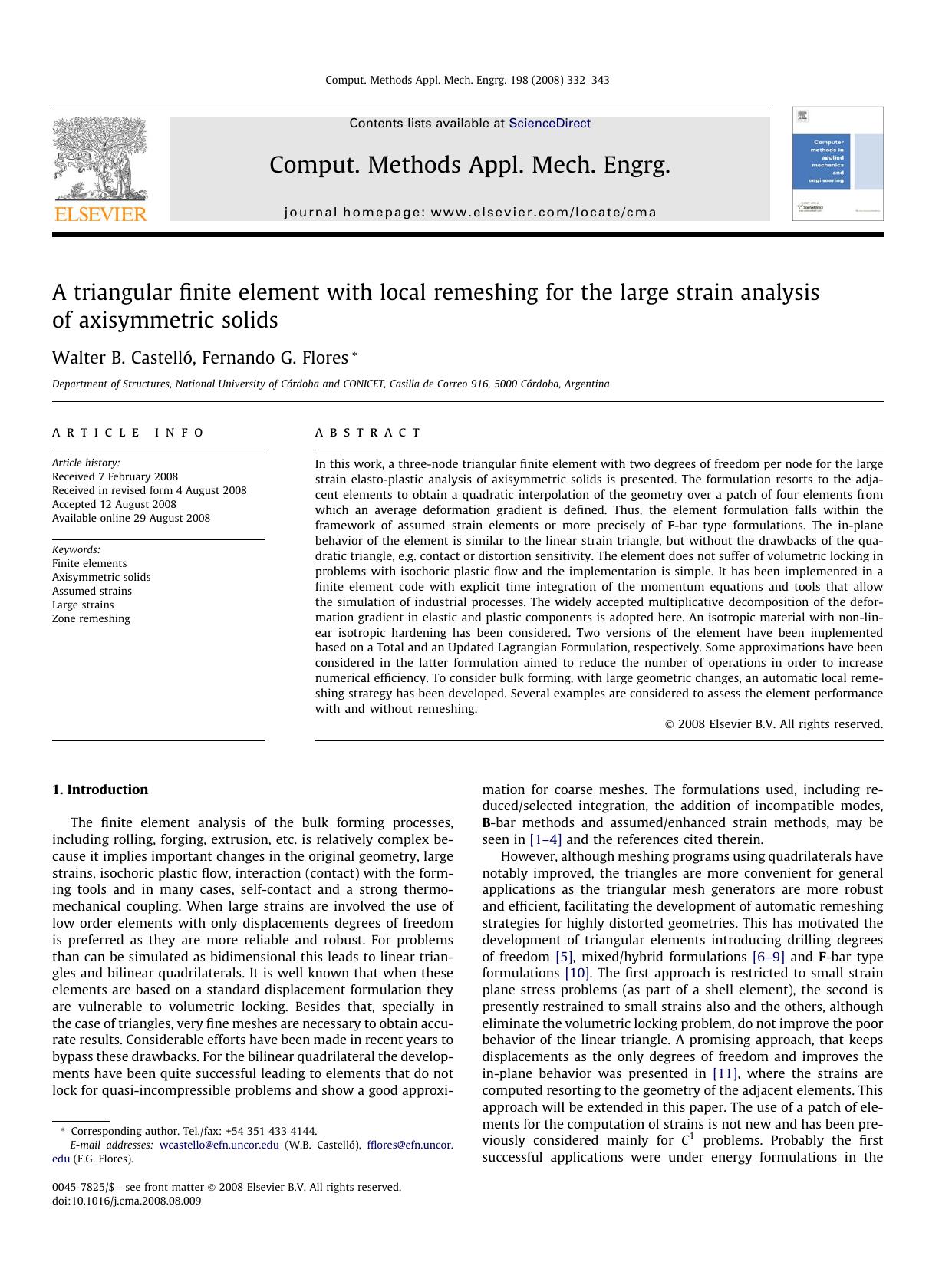 A triangular finite element with local remeshing for the large strain analysis of axisymmetric solids by Walter B. Castelló; Fernando G. Flores