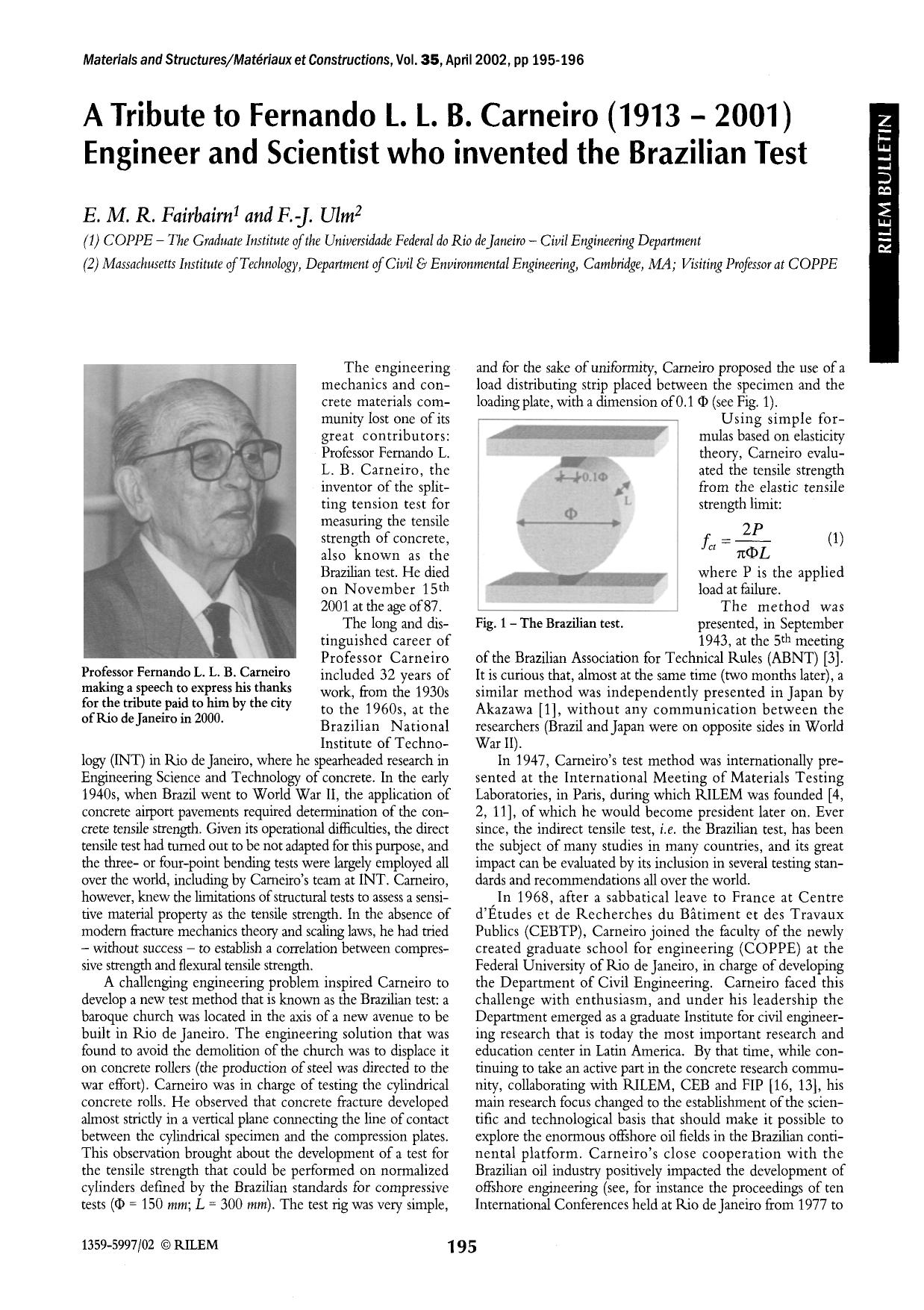 A tribute to Fernando L. L. B. Carneiro (1913–2001) engineer and scientist who invented the Brazilian test by Unknown