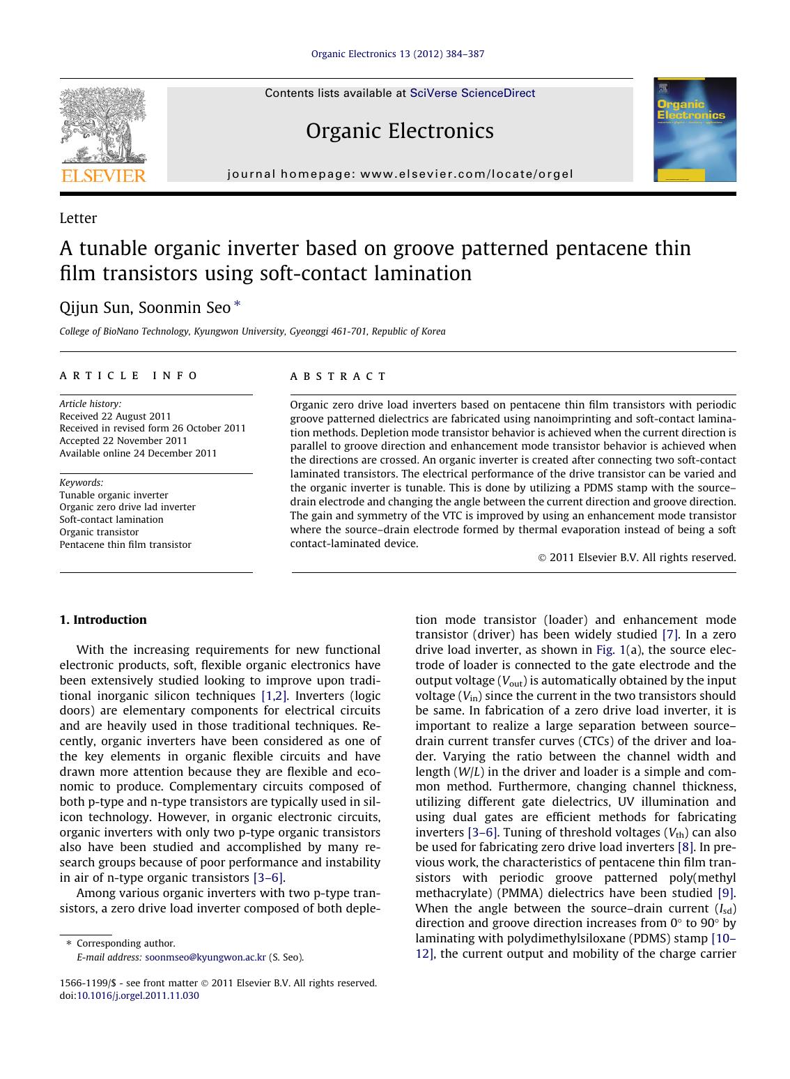A tunable organic inverter based on groove patterned pentacene thin film transistors using soft-contact lamination by Qijun Sun & Soonmin Seo