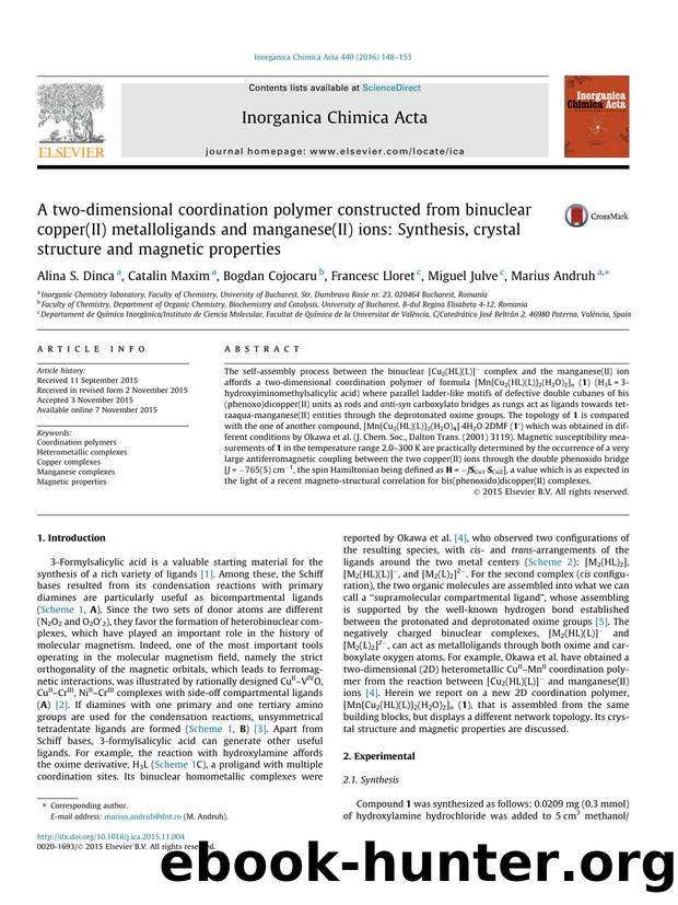 A two-dimensional coordination polymer constructed from binuclear copper(II) metalloligands and manganese(II) ions: Synthesis, crystal structure and magnetic properties by Alina S. Dinca & Catalin Maxim & Bogdan Cojocaru & Francesc Lloret & Miguel Julve & Marius Andruh