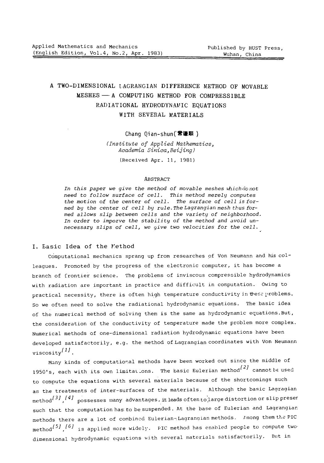 A two-dimensional lagrangian difference method of movable meshes &#x2014; A computing method for compressible radiational hydrodynamic equations with several materials by Unknown