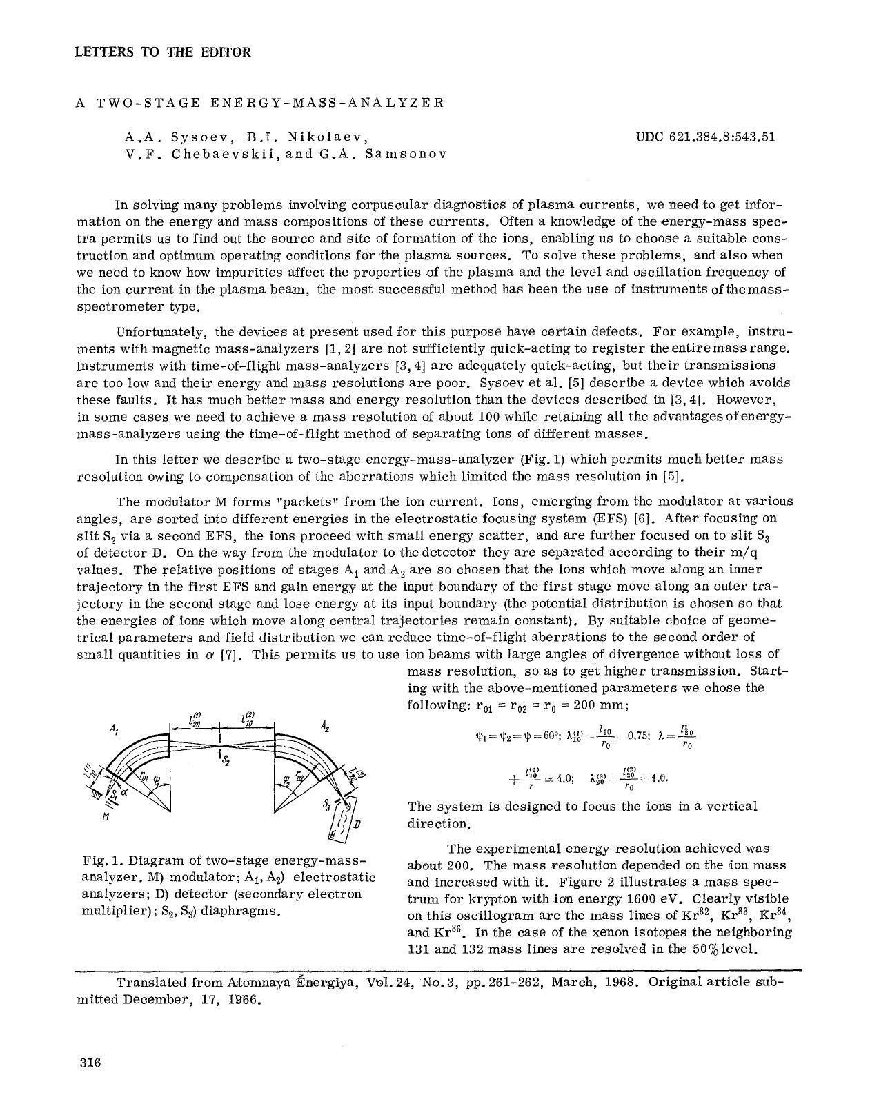 A two-stage energy-mass-analyzer by Unknown