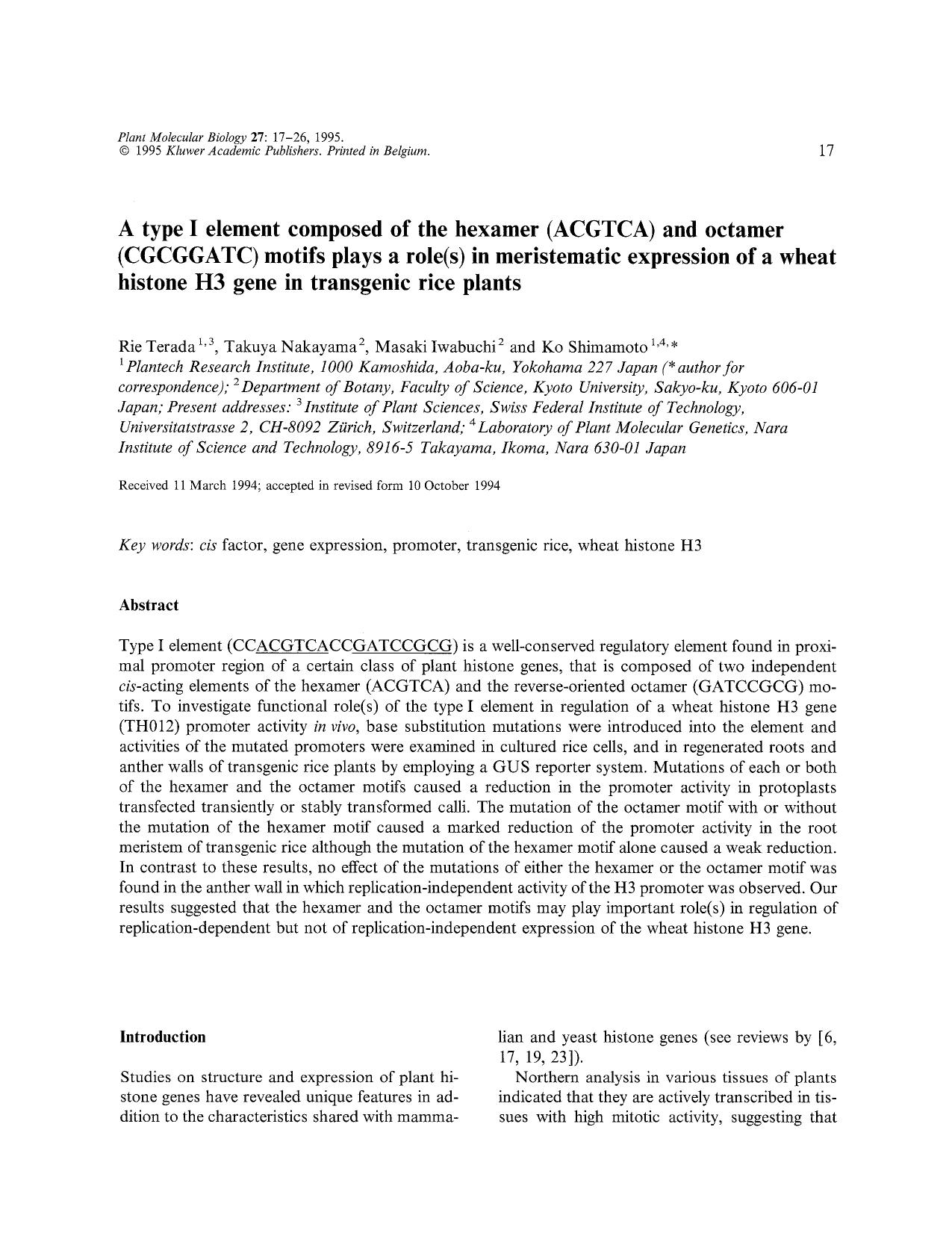 A type I element composed of the hexamer (ACGTCA) and octamer (CGCGGATC) motifs plays a role(s) in meristematic expression of a wheat histone H3 gene in transgenic rice plants by Unknown
