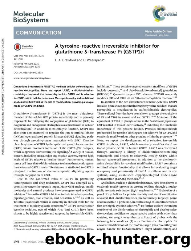 A tyrosine-reactive irreversible inhibitor for glutathione S-transferase Pi (GSTP1) by L. A. Crawford & E. Weerapana