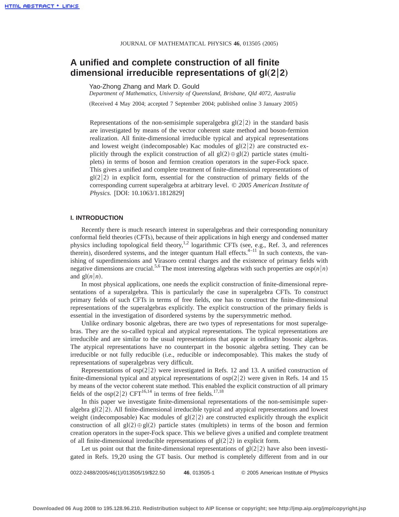 A unified and complete construction of all finite dimensional irreducible representations of gl(2 ¦ 2) by Zhang Y.-Z. Gould M.D
