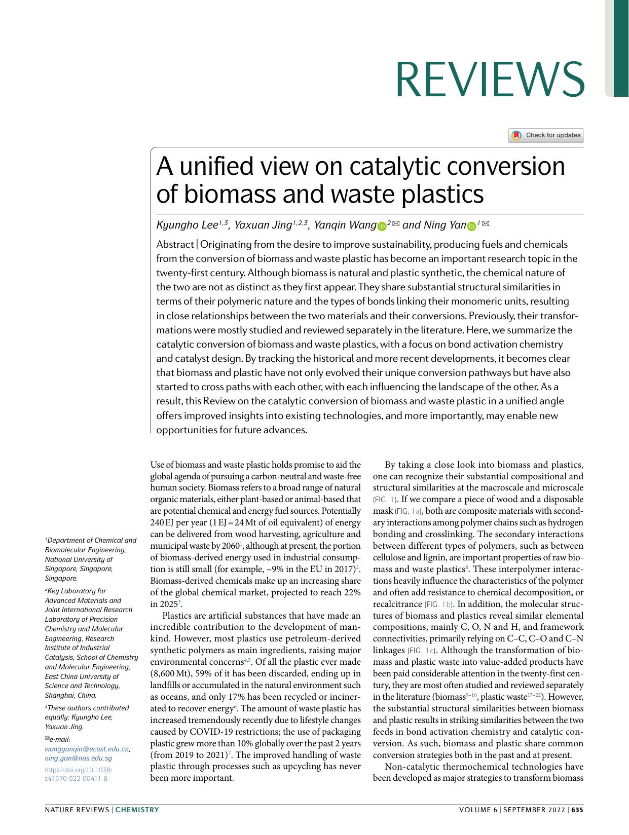 A unified view on catalytic conversion of biomass and waste plastics by Kyungho Lee & Yaxuan Jing & Yanqin Wang & Ning Yan