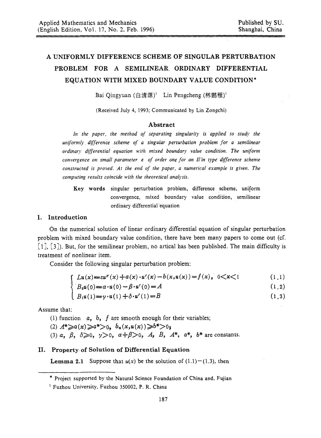 A uniformly difference scheme of singular perturbation problem for a semilinear ordinary differential equation with mixed boundary value condition by Unknown
