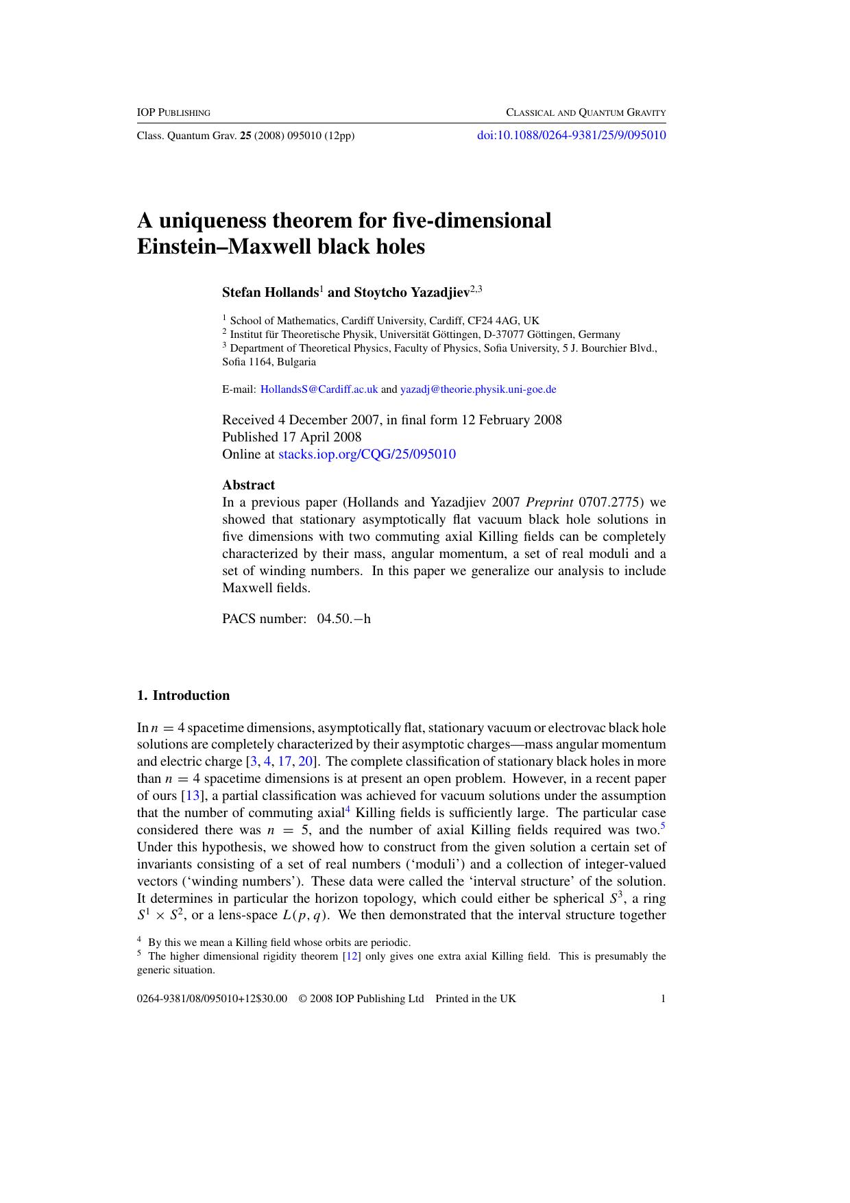 A uniqueness theorem for five-dimensional Einstein--Maxwell black holes by S Hollands and S Yazadjiev