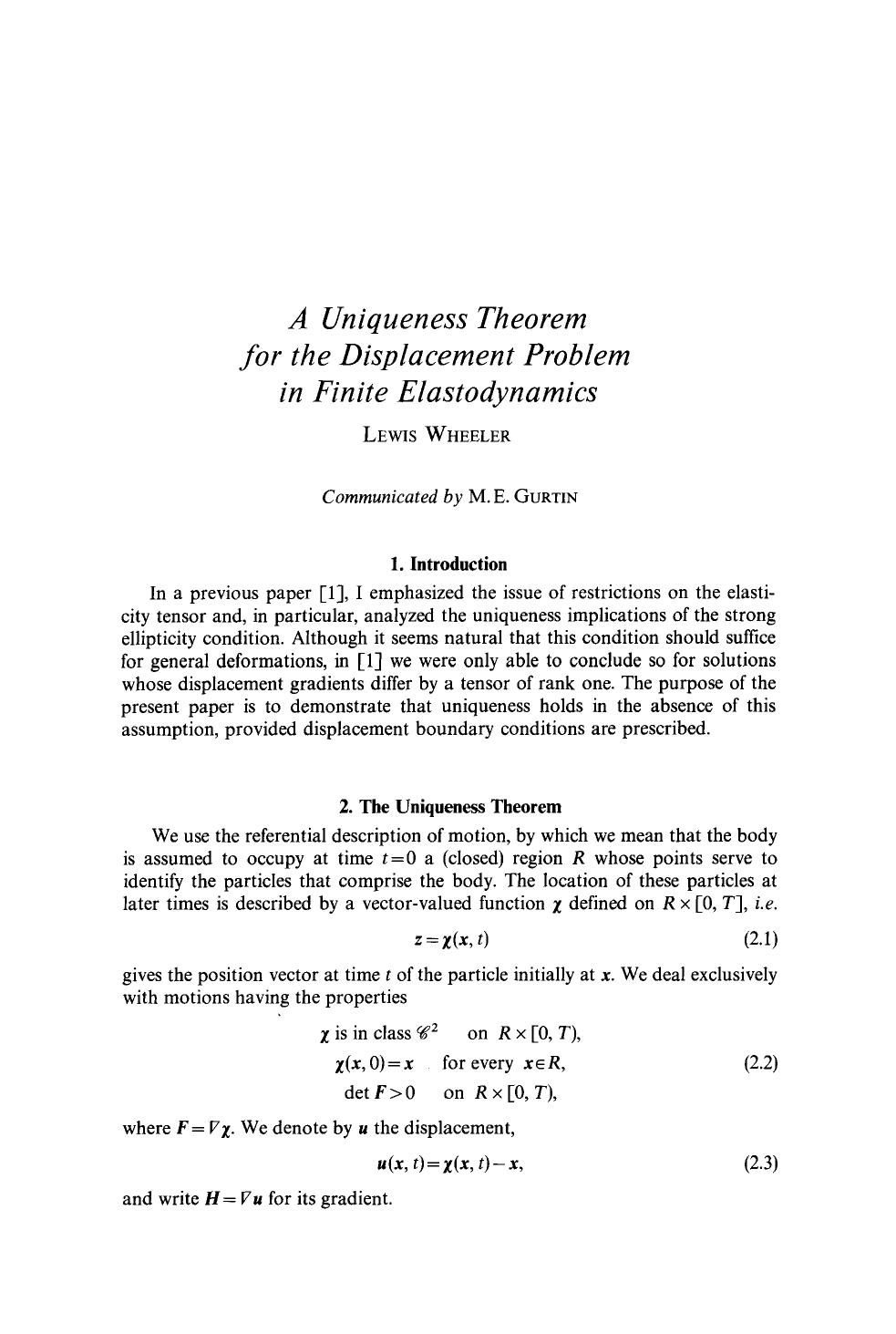 A uniqueness theorem for the displacement problem in finite elastodynamics by Unknown