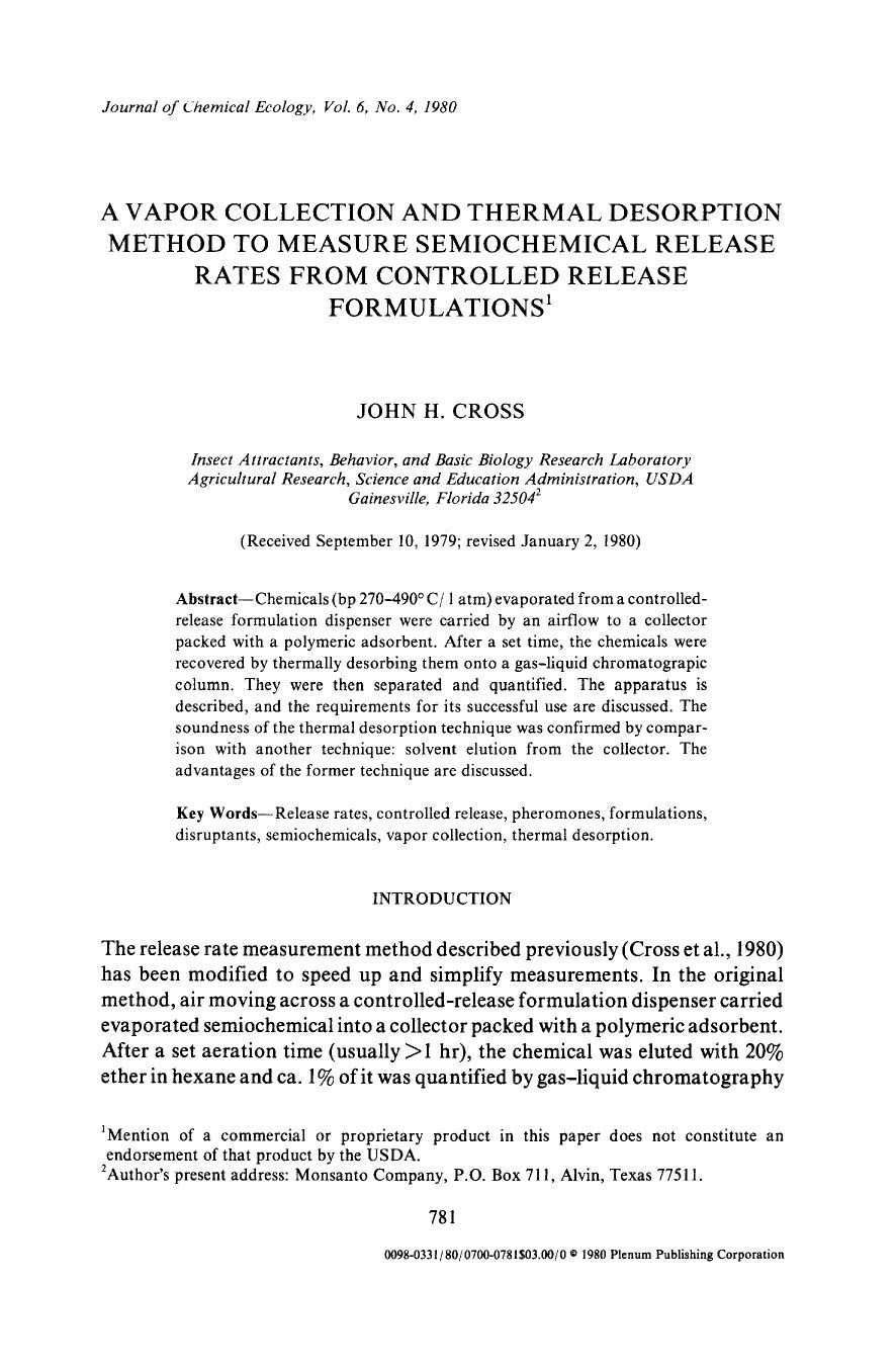 A vapor collection and thermal desorption method to measure semiochemical release rates from controlled release formulations by Unknown