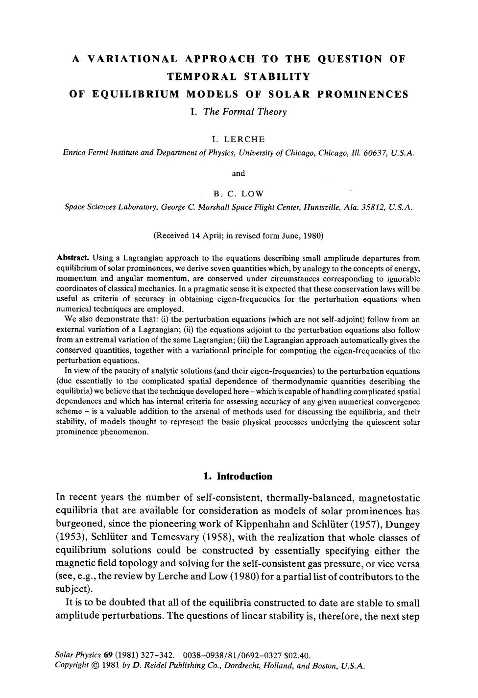 A variational approach to the question of temporal stability of equilibrium models of solar prominences by Unknown