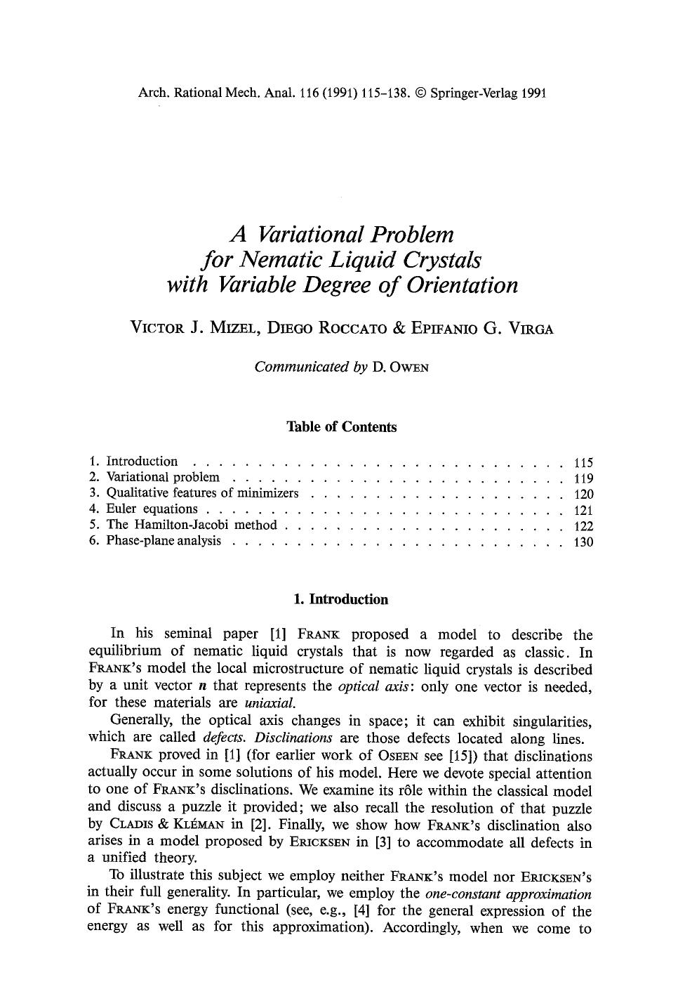 A variational problem for nematic liquid crystals with variable degree of orientation by Unknown