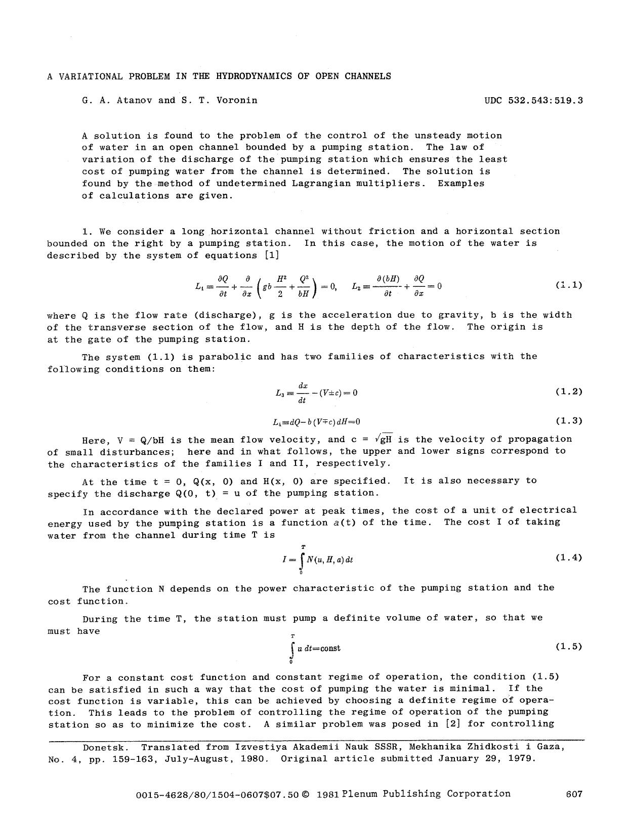 A variational problem in the hydrodynamics of open channels by Unknown