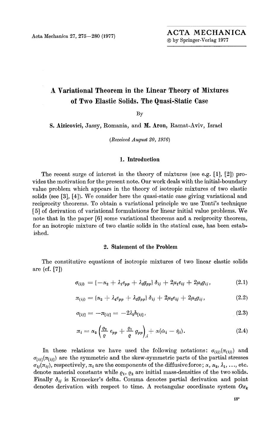 A variational theorem in the linear theory of mixtures of two elastic solids. The quasi-static case by Unknown