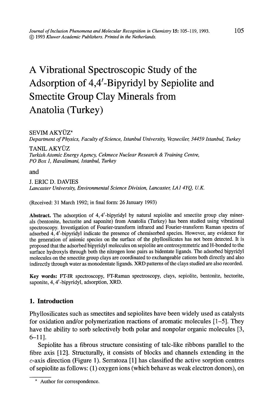 A vibrational spectroscopic study of the adsorption of 4,4&#x2032;-bipyridyl by sepiolite and smectite group clay minerals from Anatolia (Turkey) by Unknown