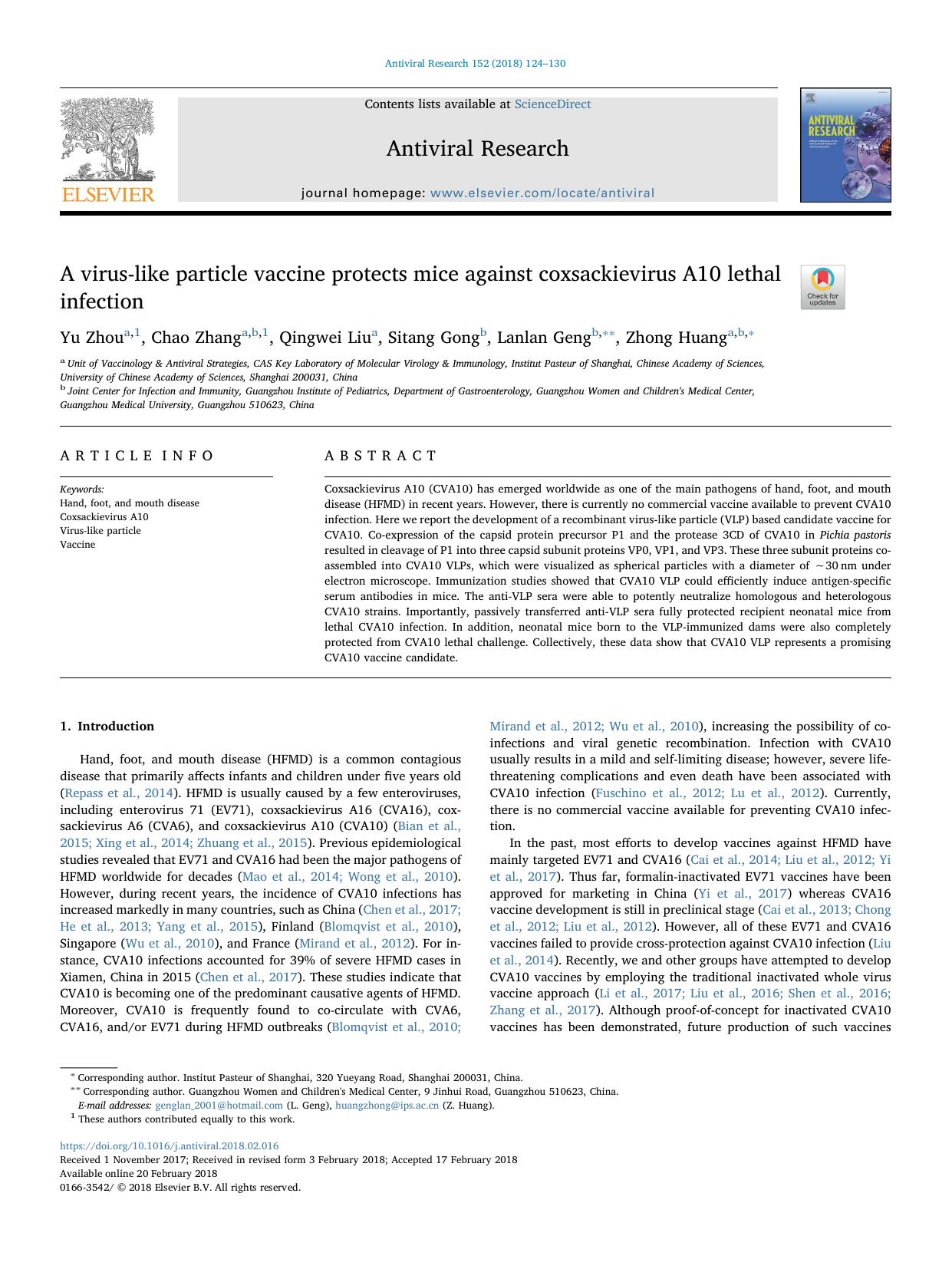 A virus-like particle vaccine protects mice against coxsackievirus A10 lethal infection by Yu Zhou & Chao Zhang & Qingwei Liu & Sitang Gong & Lanlan Geng & Zhong Huang