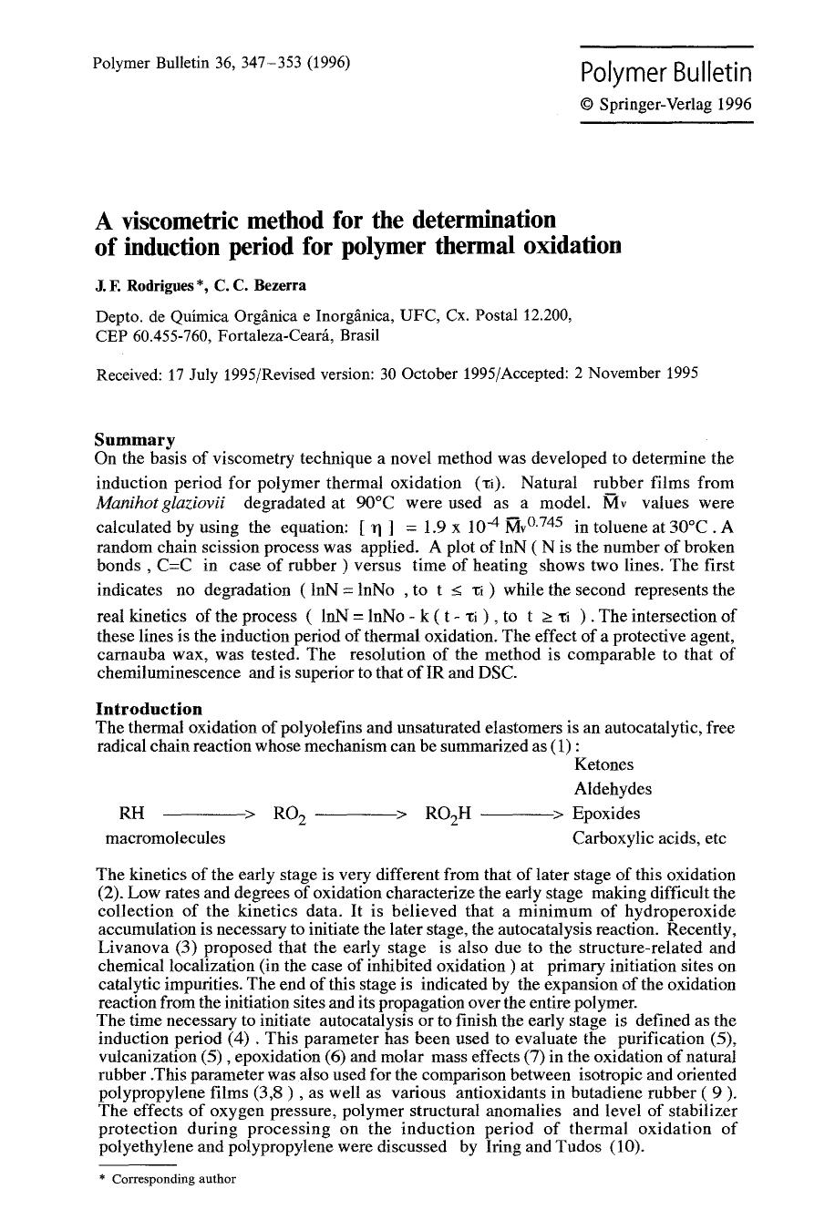 A viscometric method for the determination of induction period for polymer thermal oxidation by Unknown