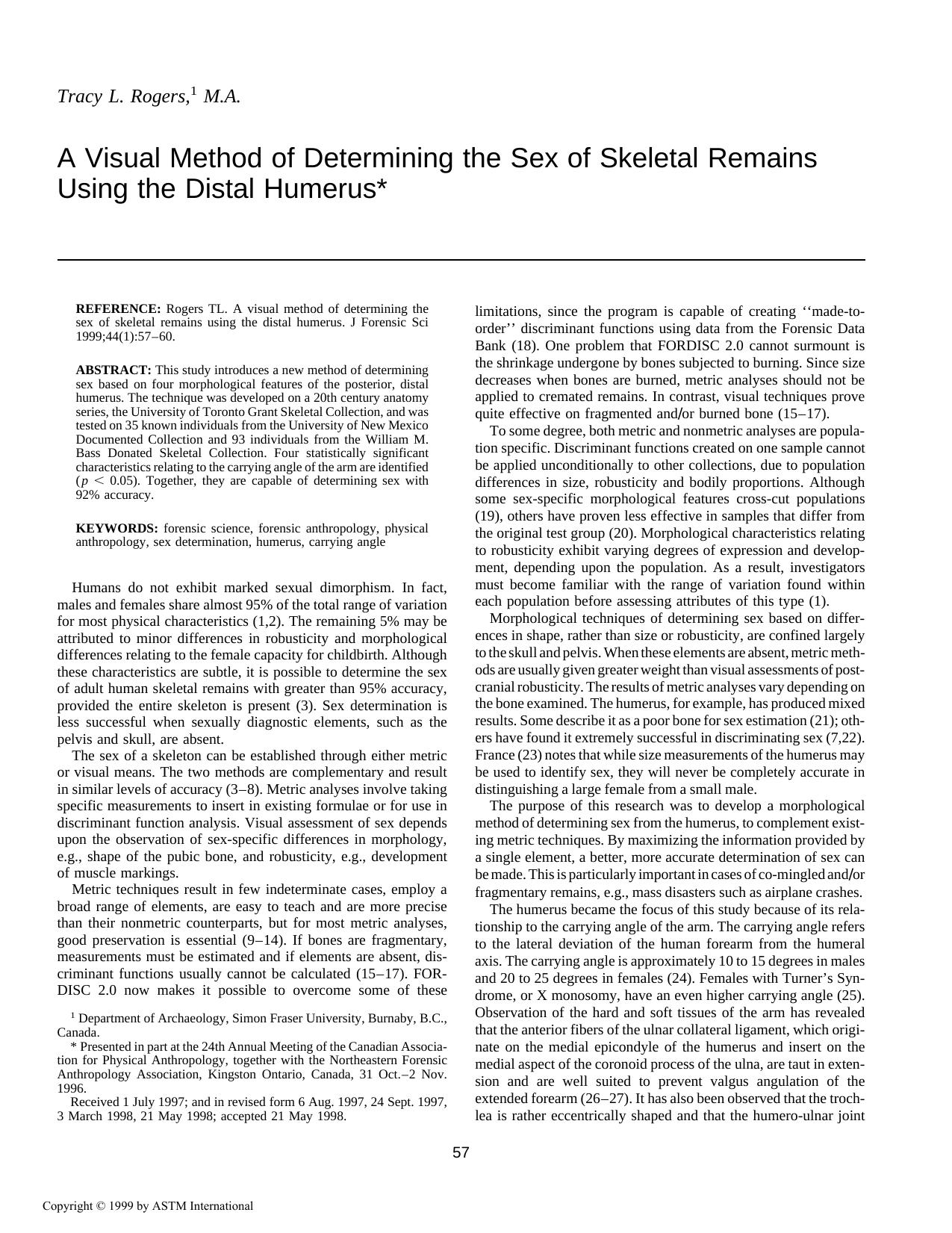A visual method of determining the sex of skeletal remains using the distal humerus by Rogers TL