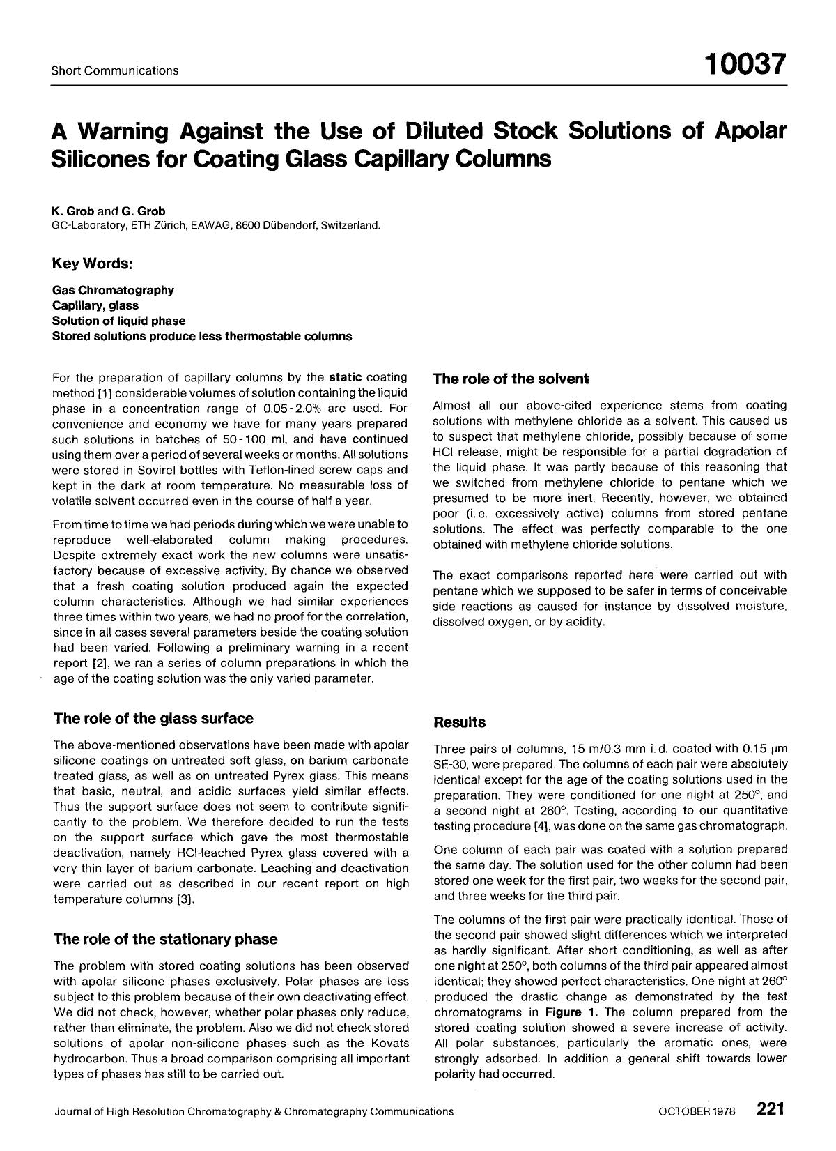 A warning against the use of diluted stock solutions of apolar silicones for coating glass capillary columns by Unknown