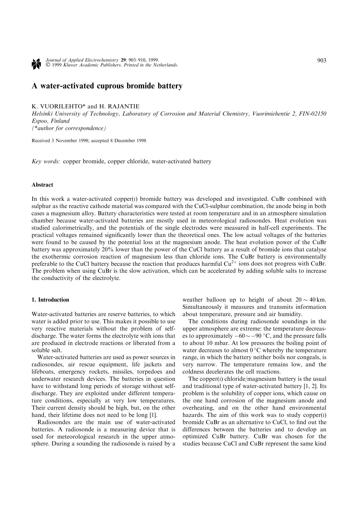 A water-activated cuprous bromide battery by Unknown