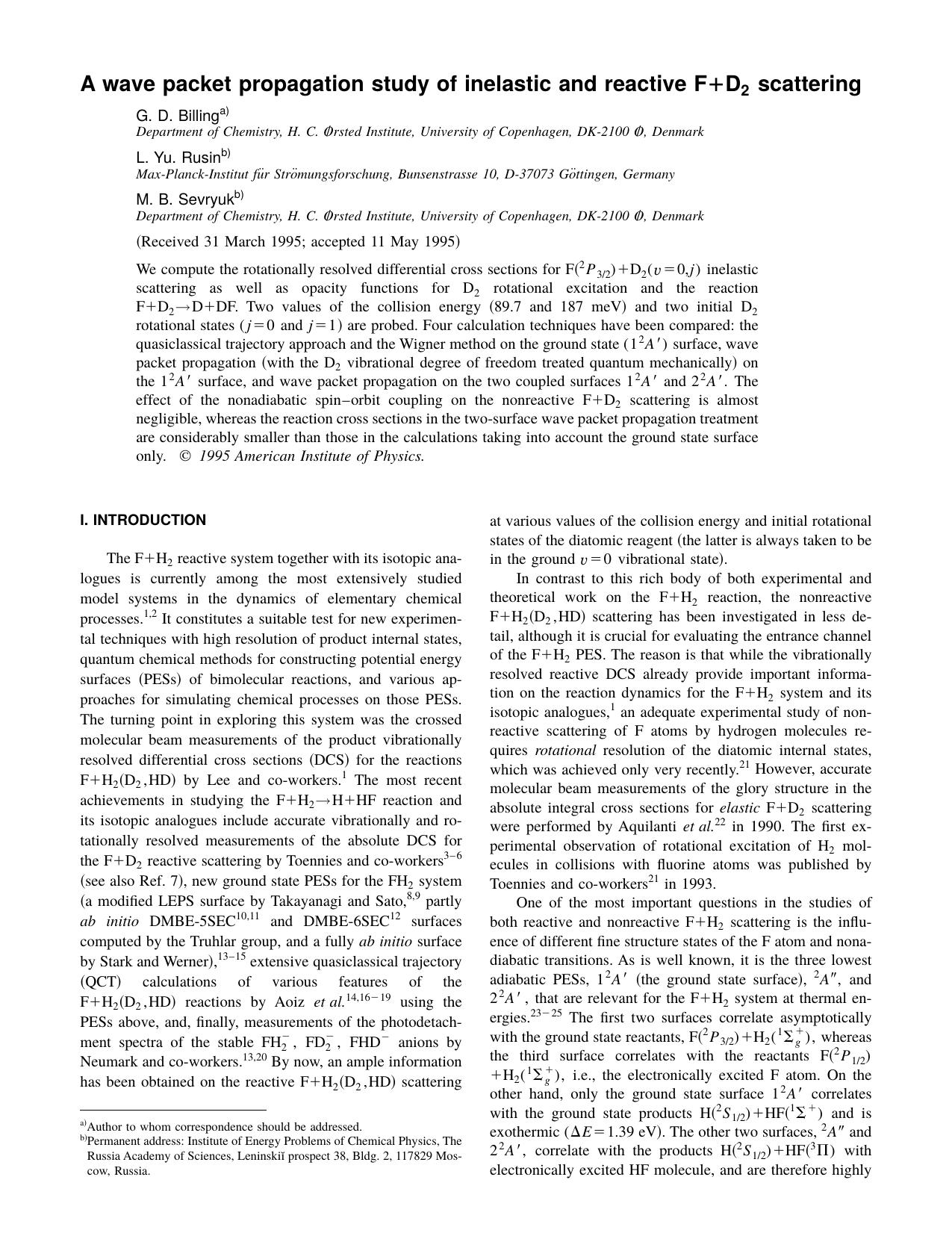 A wave packet propagation study of inelastic and reactive F+D2 scattering by G. D. Billing & L. Yu. Rusin & M. B. Sevryuk