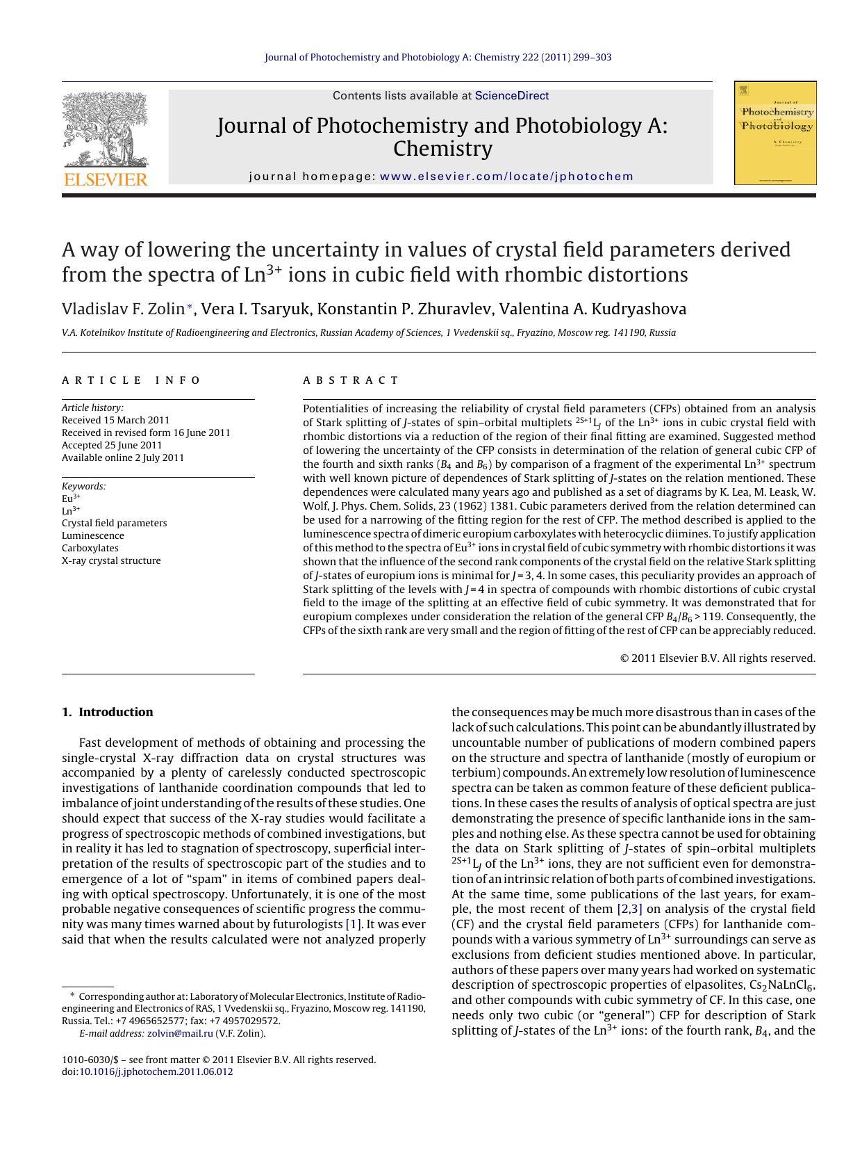 A way of lowering the uncertainty in values of crystal field parameters derived from the spectra of Ln3+ ions in cubic field with rhombic distortions by Vladislav F. Zolin