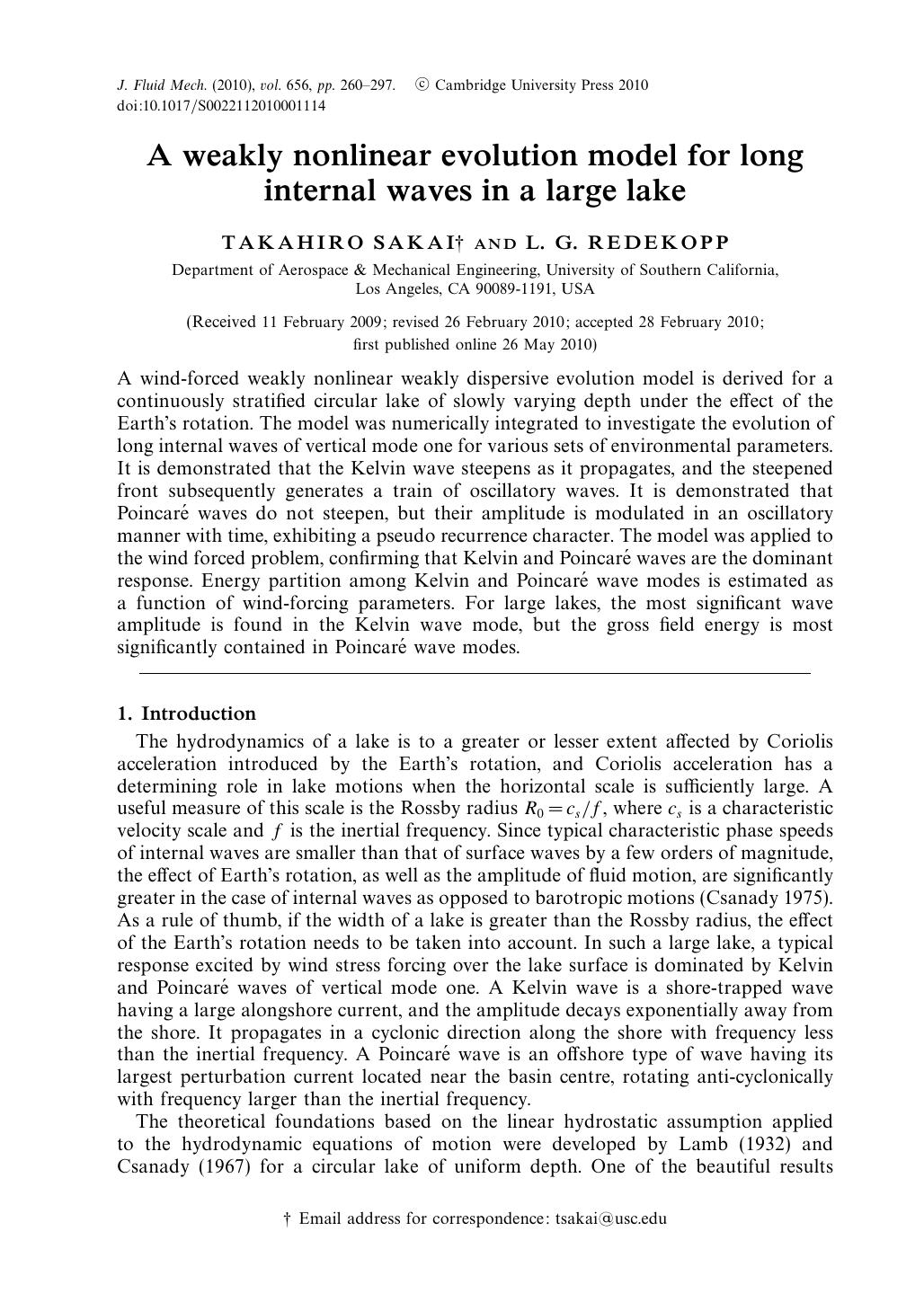 A weakly nonlinear evolution model for long internal waves in a large lake by TAKAHIRO SAKAI L. G. REDEKOPP