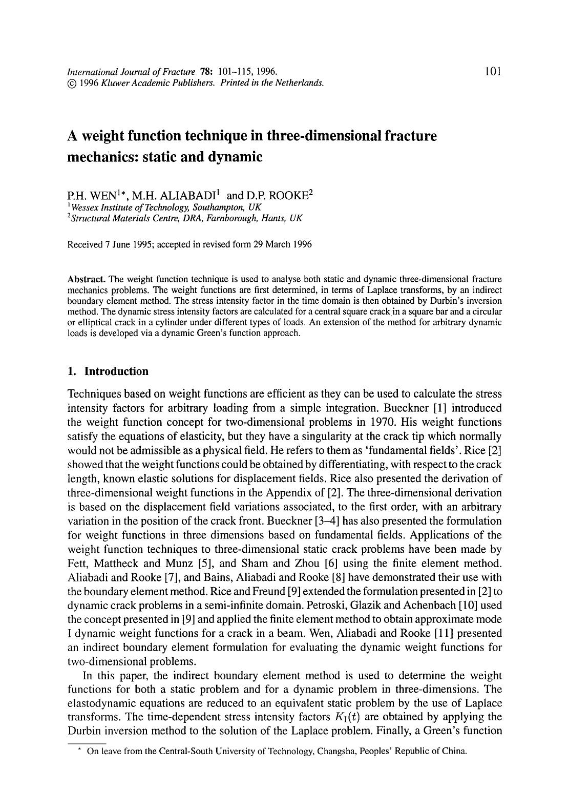 A weight function technique in three-dimensional fracture mechanics: static and dynamic by Unknown