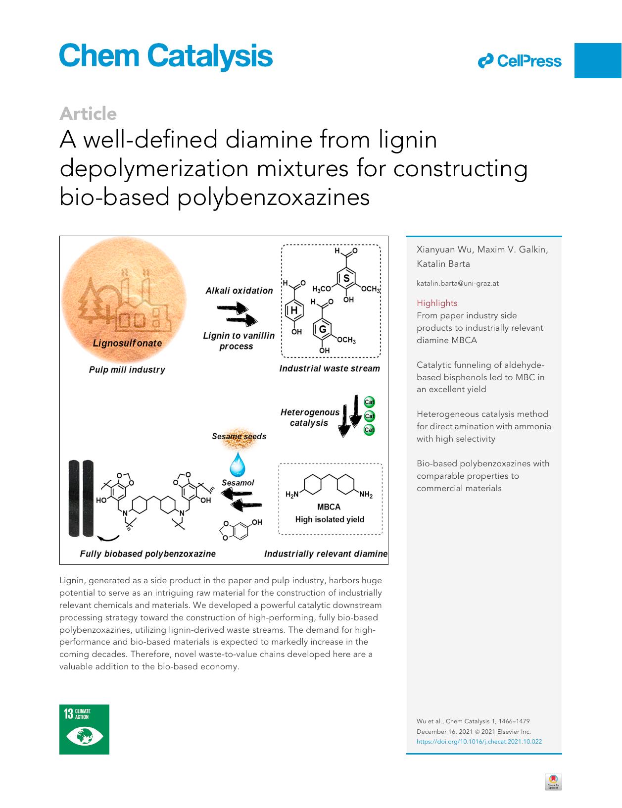 A well-defined diamine from lignin depolymerization mixtures for constructing bio-based polybenzoxazines by Xianyuan Wu & Maxim V. Galkin & Katalin Barta