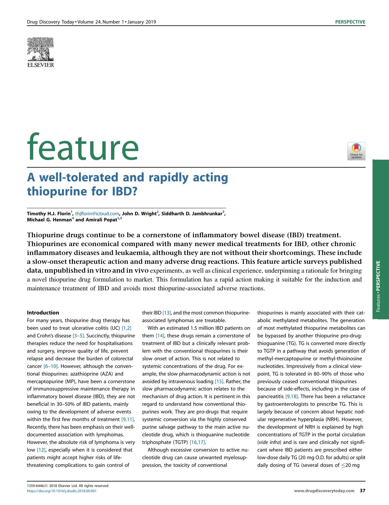 A well-tolerated and rapidly acting thiopurine for IBD? by Timothy H.J. Florin & John D. Wright & Siddharth D. Jambhrunkar & Michael G. Henman & Amirali Popat