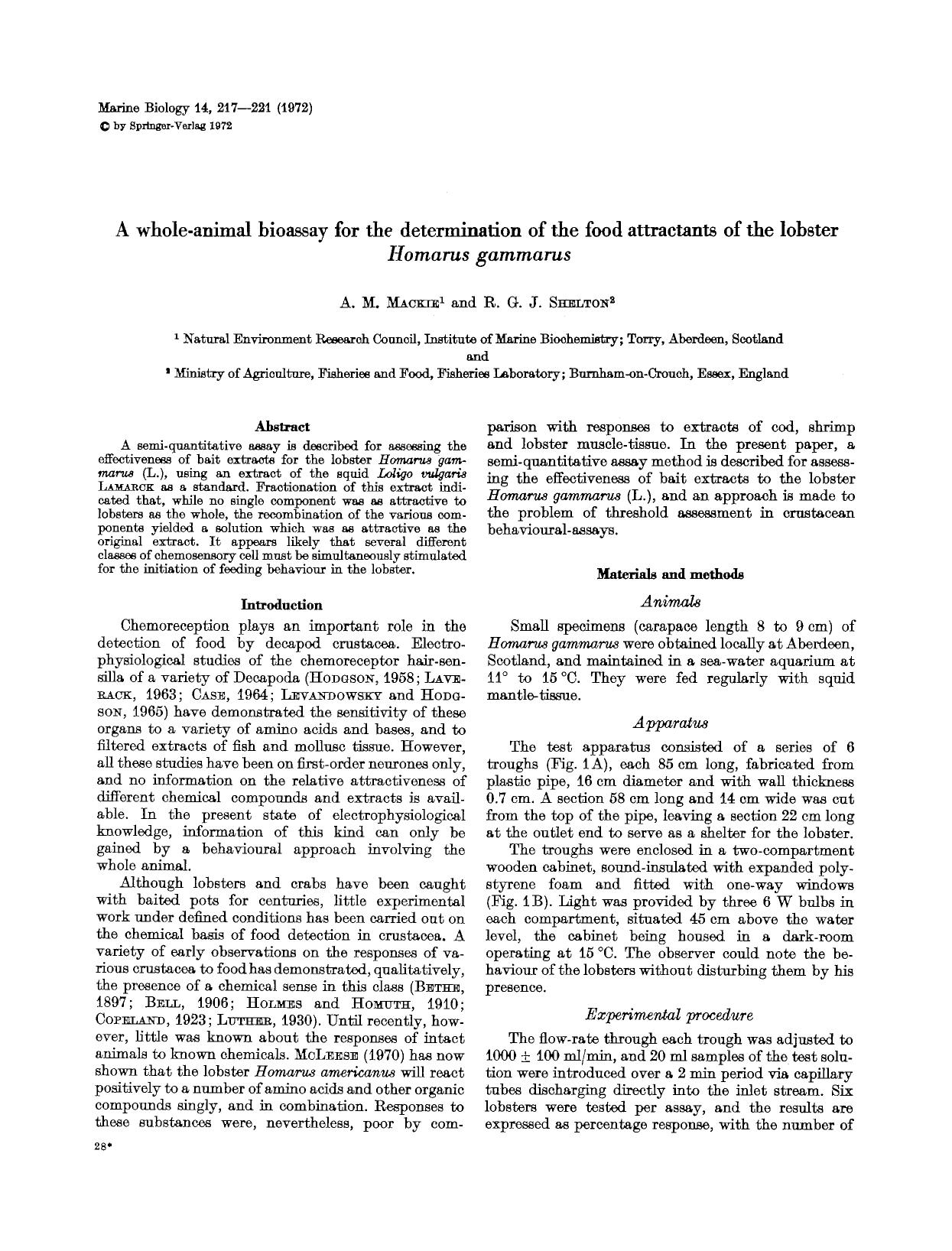 A whole-animal bioassay for the determination of the food attractants of the lobster <Emphasis Type="Italic">Homarus gammarus<Emphasis> by Unknown