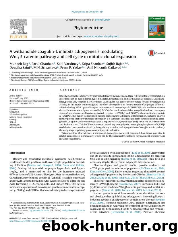 A withanolide coagulin-L inhibits adipogenesis modulating WntÎ²-catenin pathway and cell cycle in mitotic clonal expansion by unknow