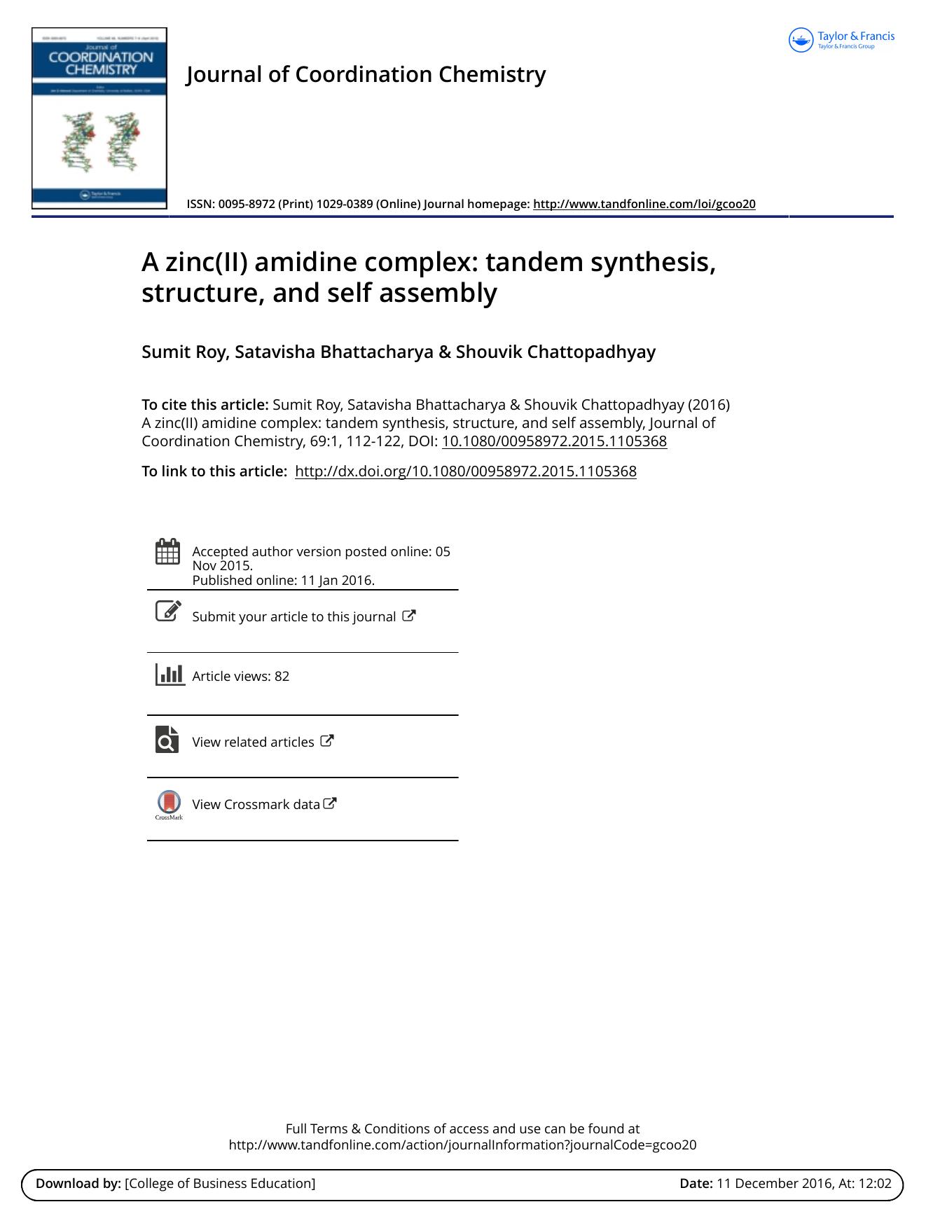 A zinc(II) amidine complex: tandem synthesis, structure, and self assembly by Sumit Roy & Satavisha Bhattacharya & Shouvik Chattopadhyay