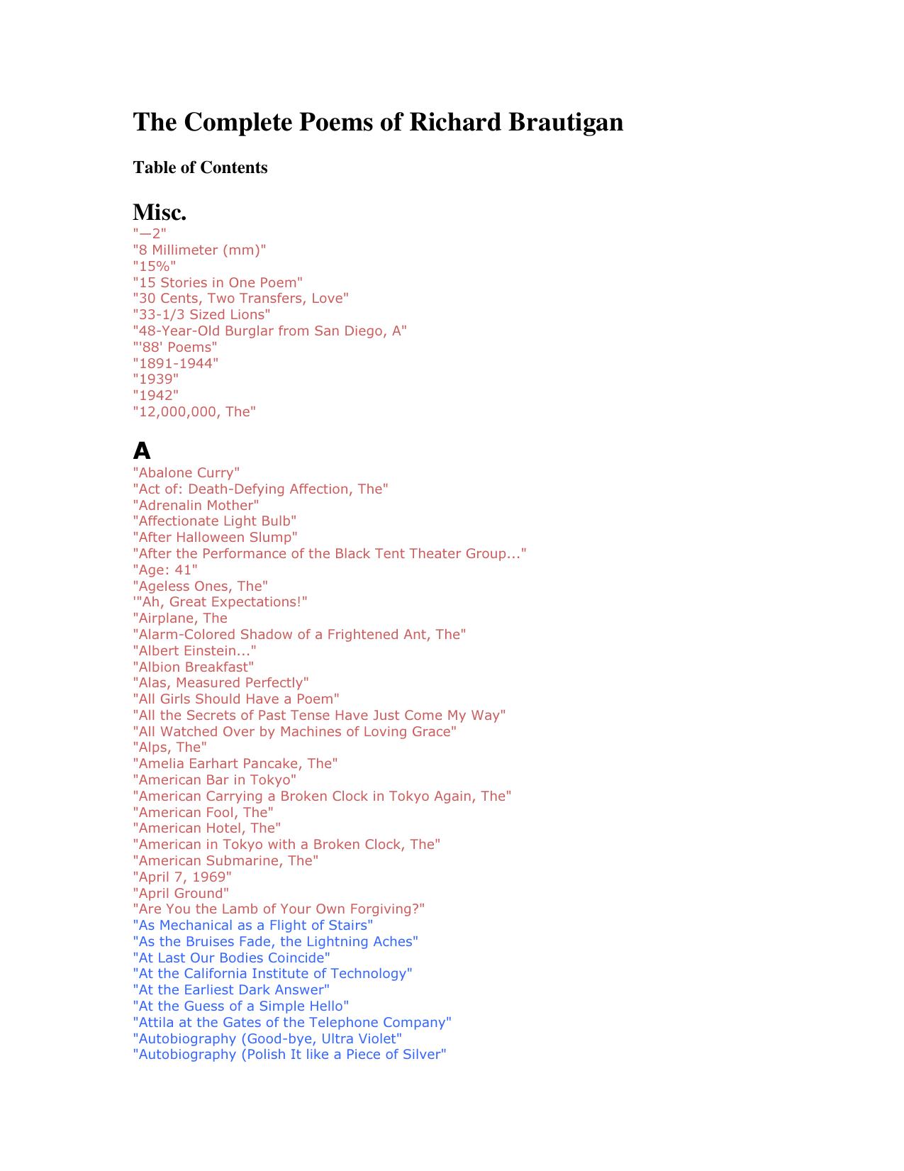 A-Z Poems of Richard Brautigan by Richard Brautigan
