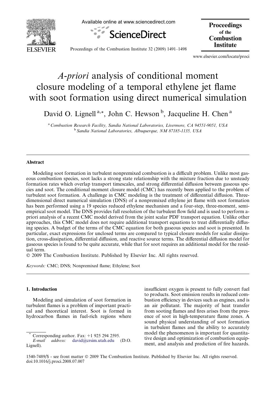 A-priori analysis of conditional moment closure modeling of a temporal ethylene jet flame with soot formation using direct numerical simulation by David O. Lignell; John C. Hewson; Jacqueline H. Chen